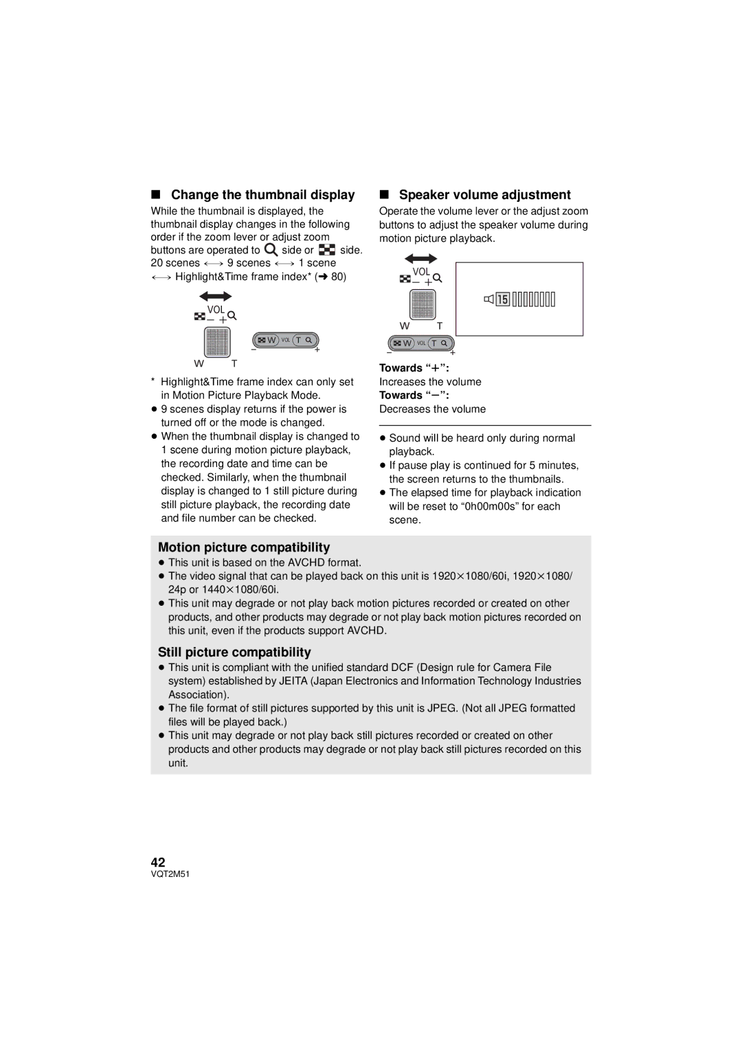 Panasonic HDC-TM55P/PC, HDC-SD60P/PC Change the thumbnail display, Speaker volume adjustment, Motion picture compatibility 