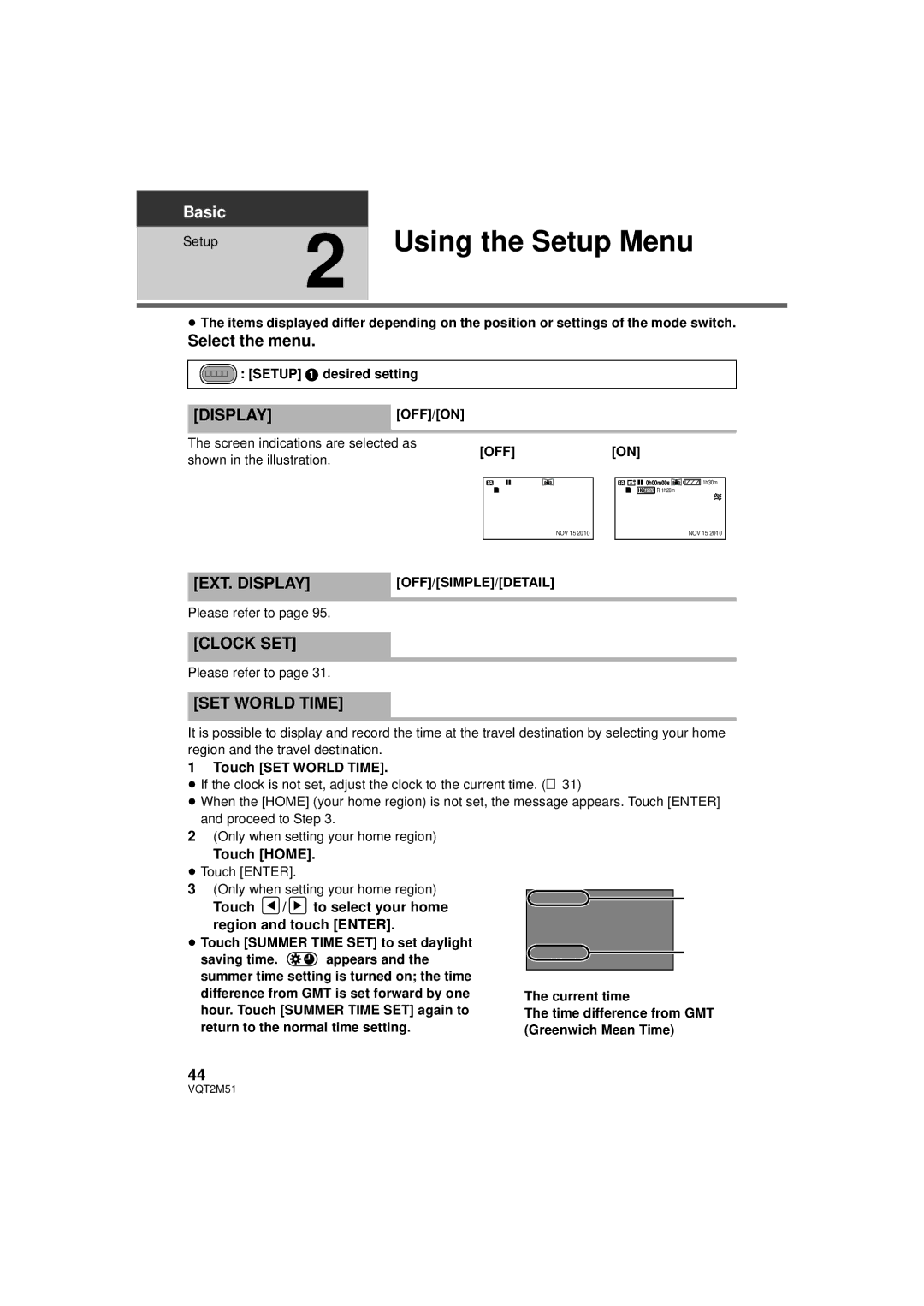 Panasonic HDC-SD60P/PC, HDC-TM60P/PC, HDC-TM55P/PC Using the Setup Menu, EXT. Display, Clock SET, SET World Time 