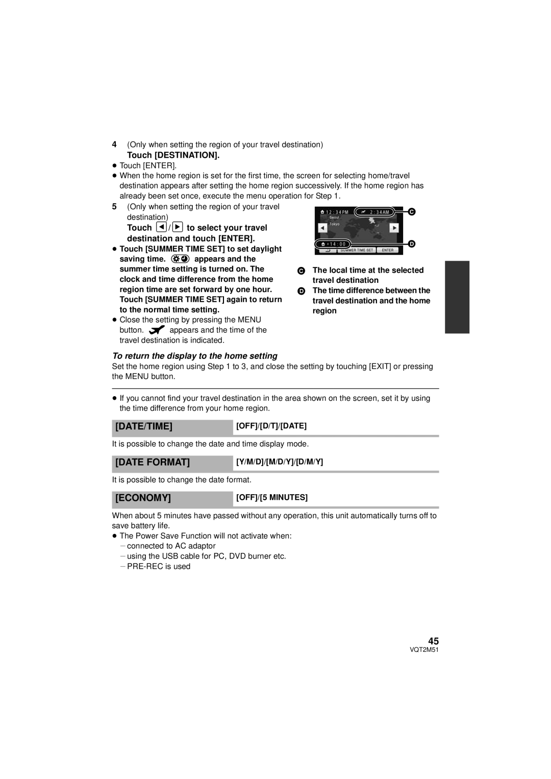 Panasonic HDC-TM60P/PC Date Format, Economy, Touch Destination, Touch To select your travel Destination and touch Enter 