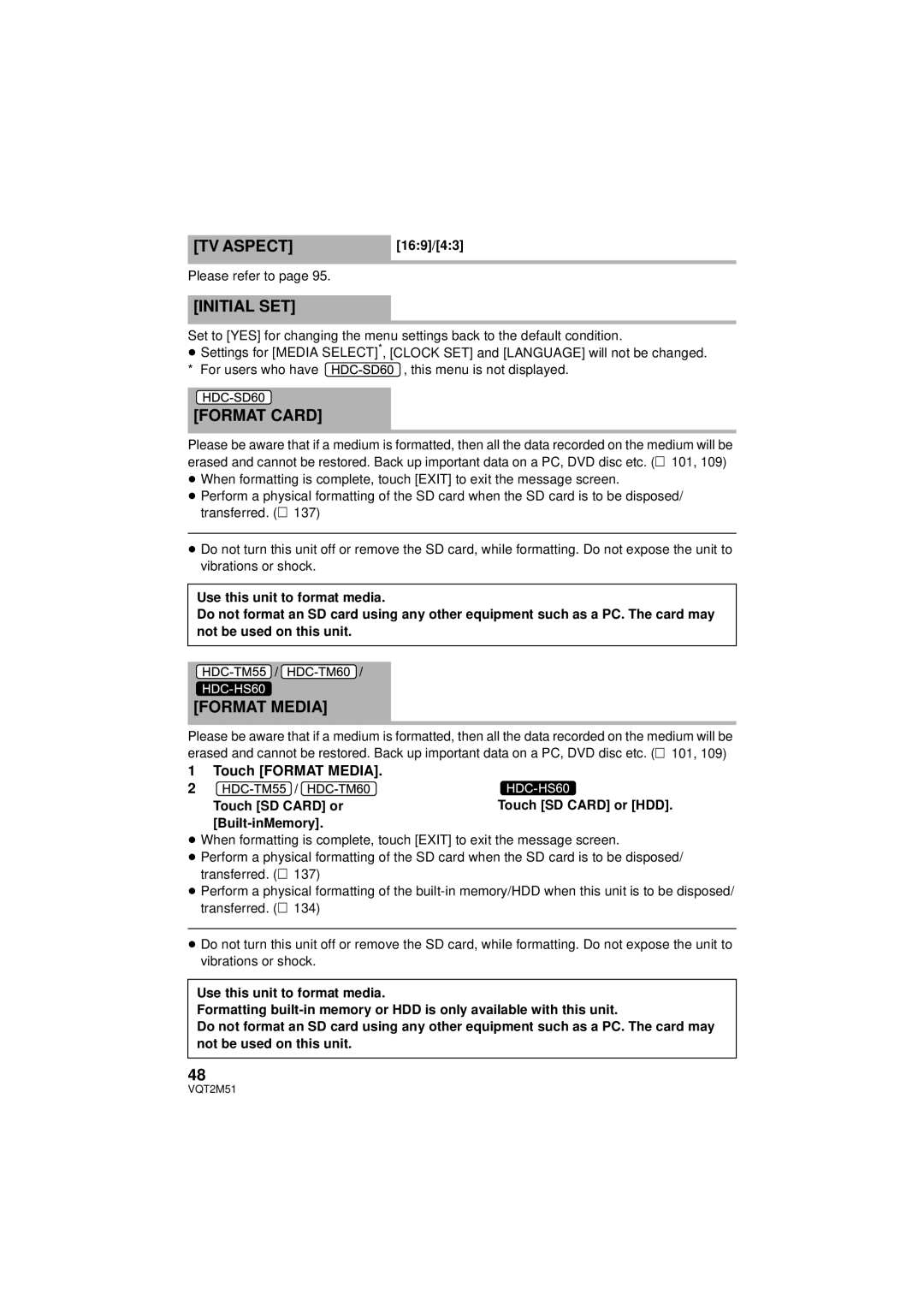 Panasonic HDC-SD60P/PC, HDC-TM60P/PC, HDC-TM55P/PC, HDC-HS60P/PC TV Aspect, Initial SET, Format Card, Touch Format Media 