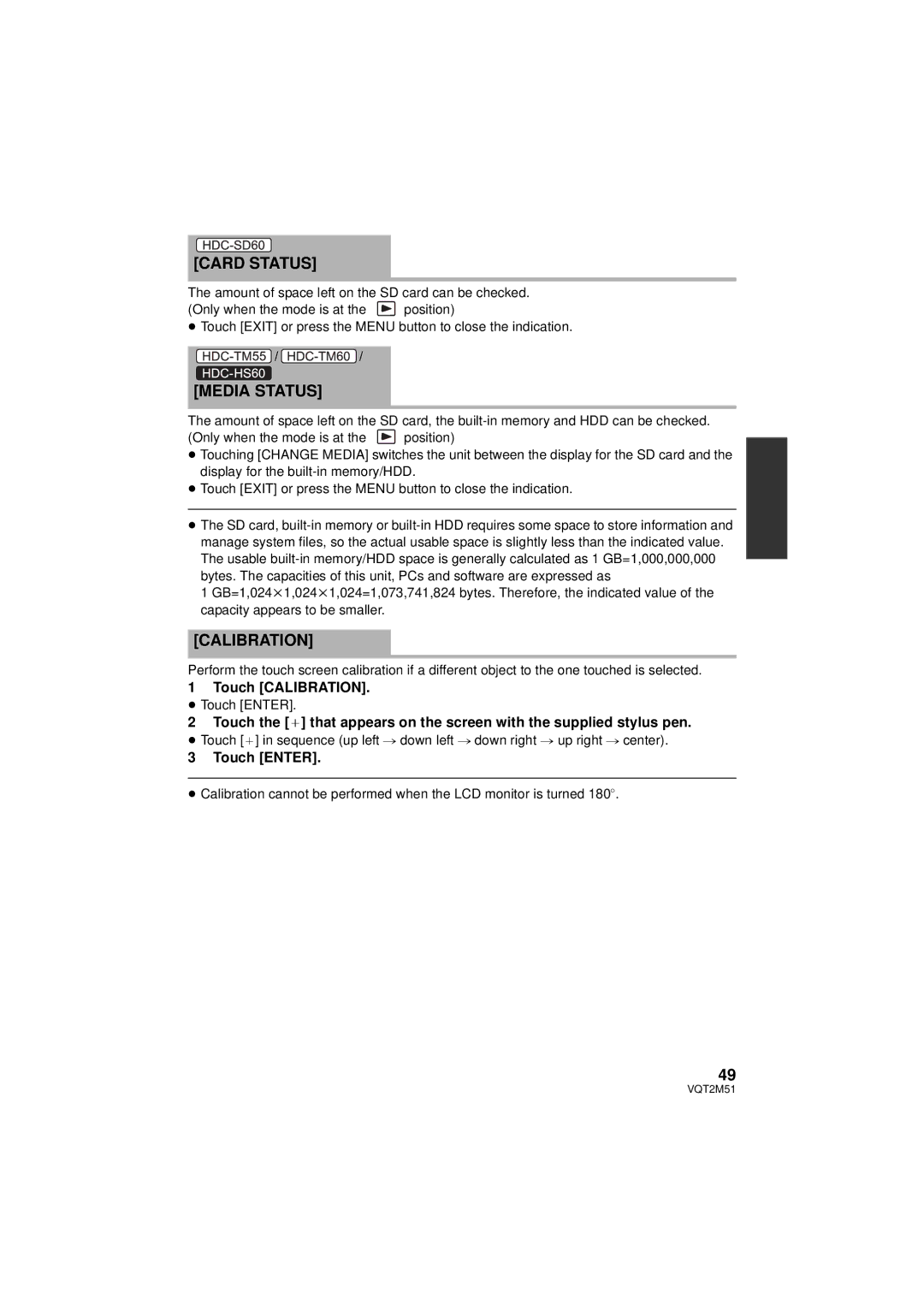 Panasonic HDC-TM60P/PC, HDC-SD60P/PC, HDC-TM55P/PC Card Status, Media Status, Touch Calibration, ≥ Touch Enter 