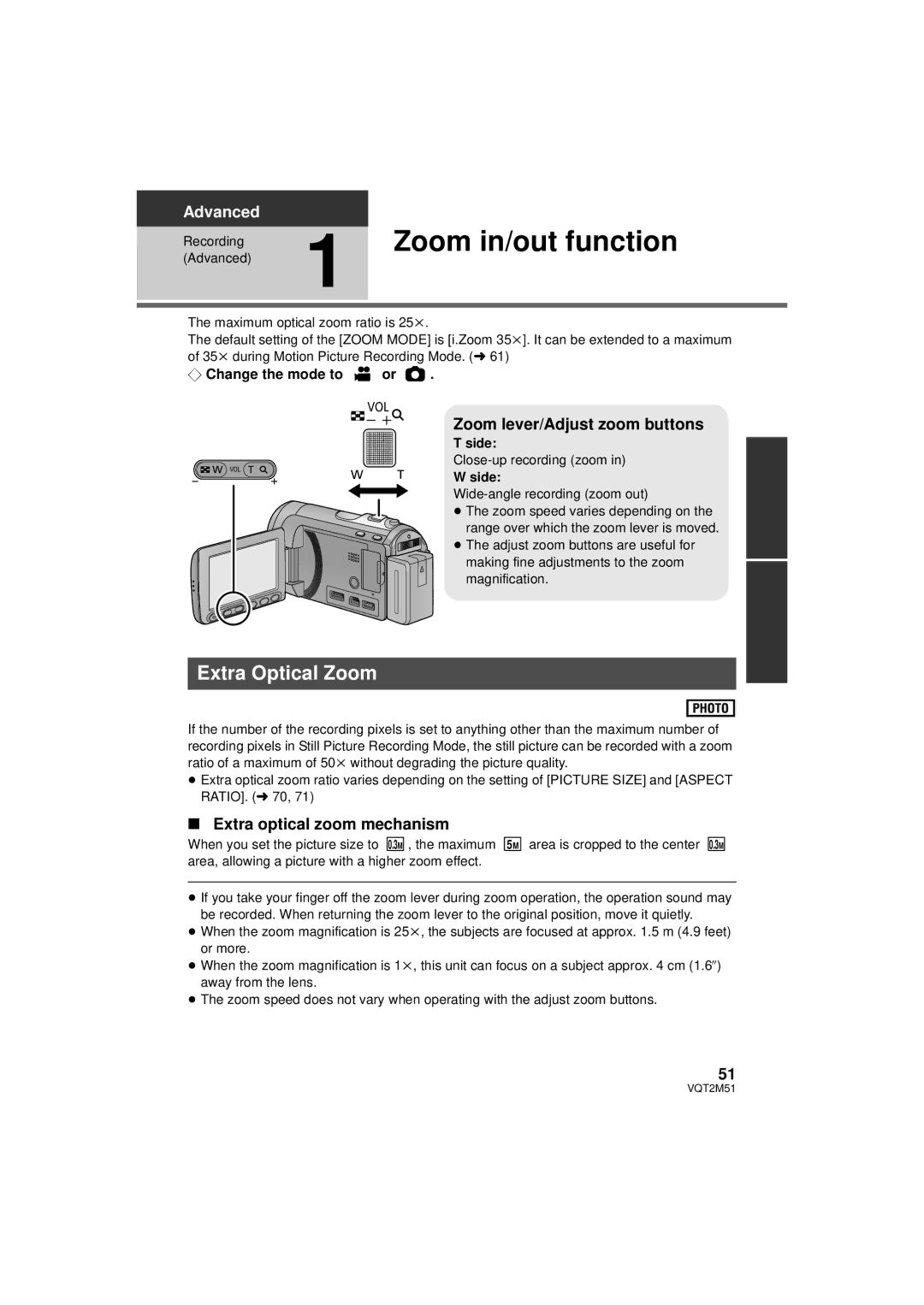 Panasonic HDC-HS60P/PC, HDC-SD60P/PC Zoom in/out function, Extra Optical Zoom, Zoom lever/Adjust zoom buttons, Side 