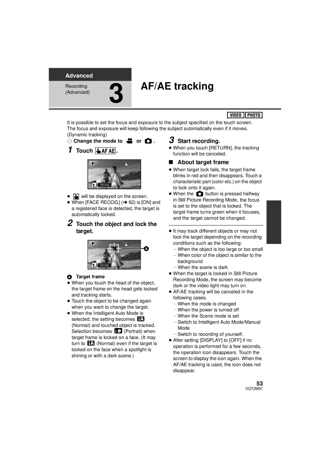 Panasonic HDC-TM60P/PC AF/AE tracking, Start recording, About target frame, Touch the object and lock the target 