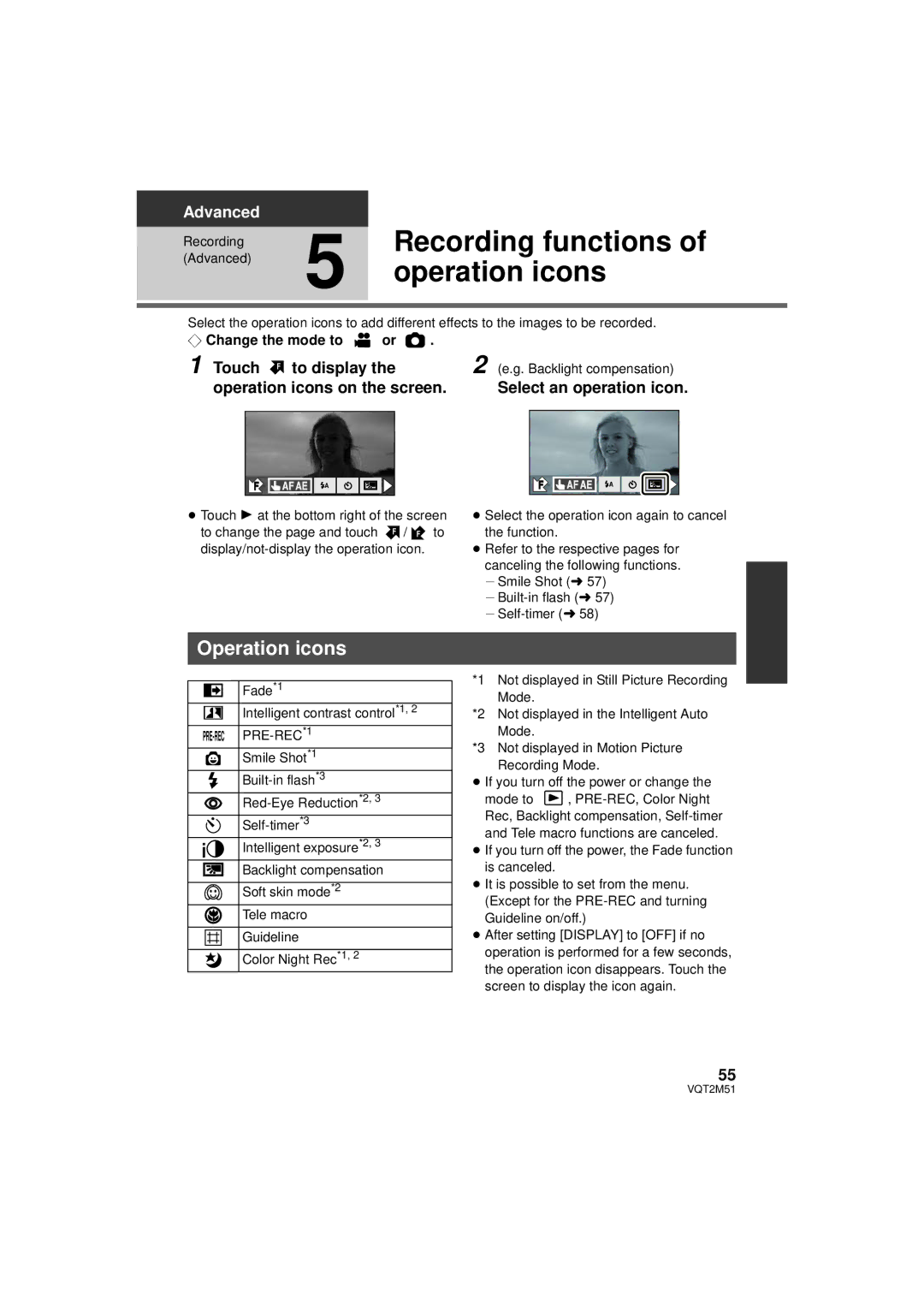 Panasonic HDC-HS60P/PC, HDC-SD60P/PC, HDC-TM60P/PC, HDC-TM55P/PC Recording functions, Operation icons, Touch F to display 