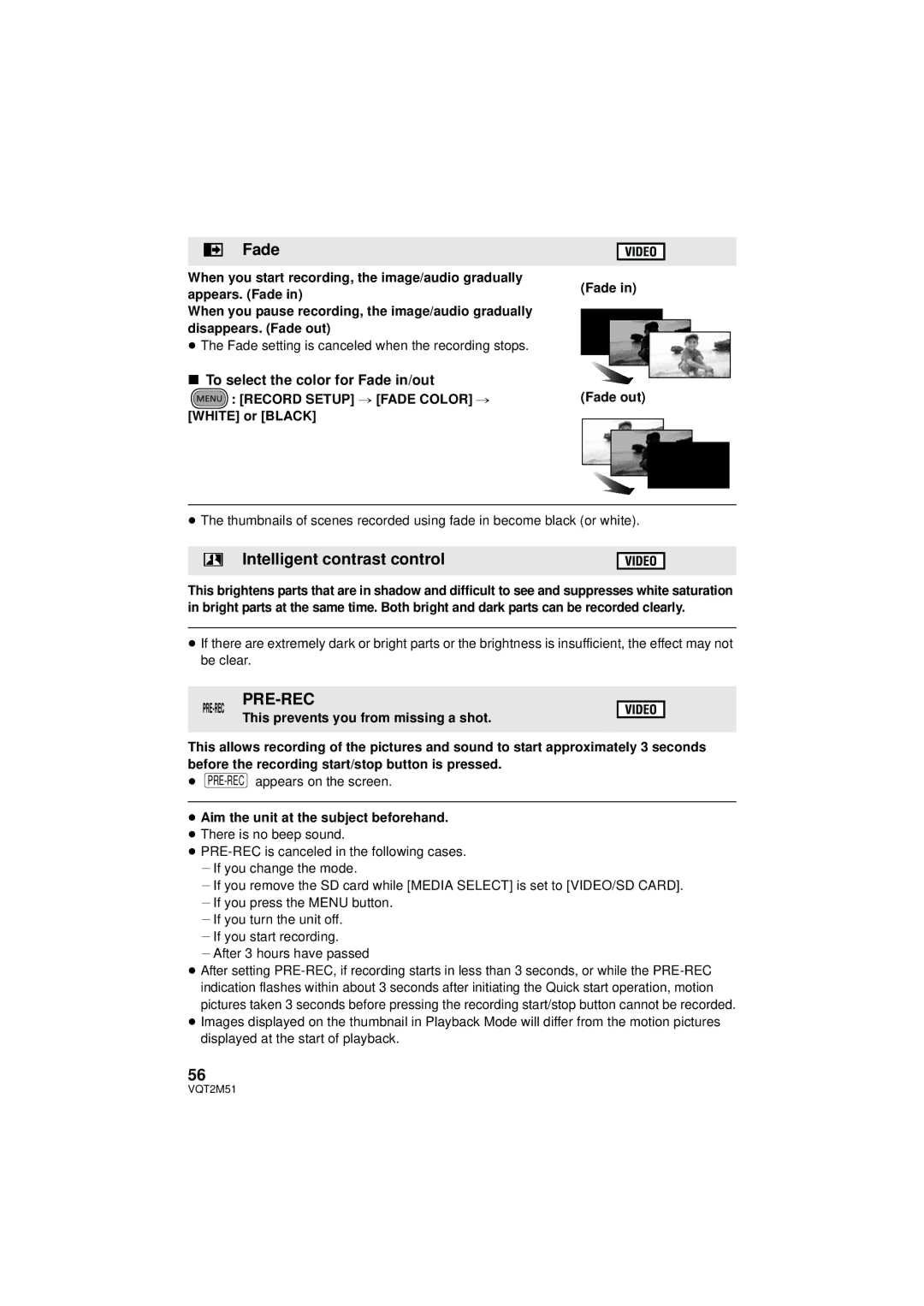 Panasonic HDC-SD60P/PC Intelligent contrast control, To select the color for Fade in/out, Pre-Rec Pre-Rec 