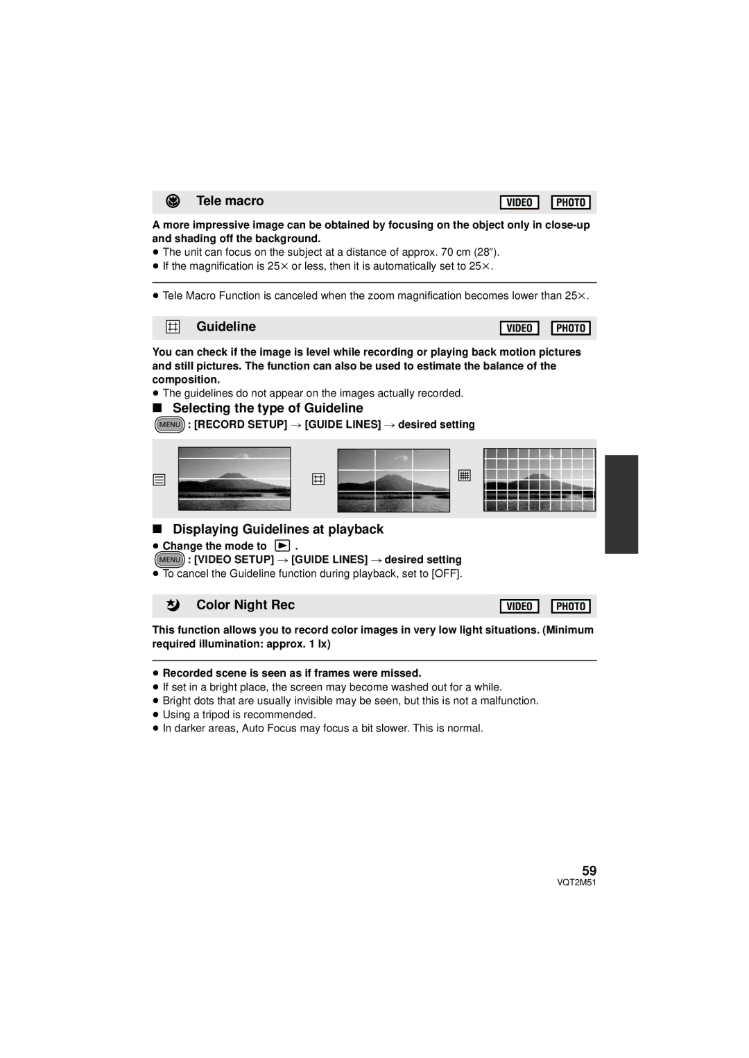 Panasonic HDC-HS60P/PC Tele macro, Selecting the type of Guideline, Displaying Guidelines at playback, Color Night Rec 