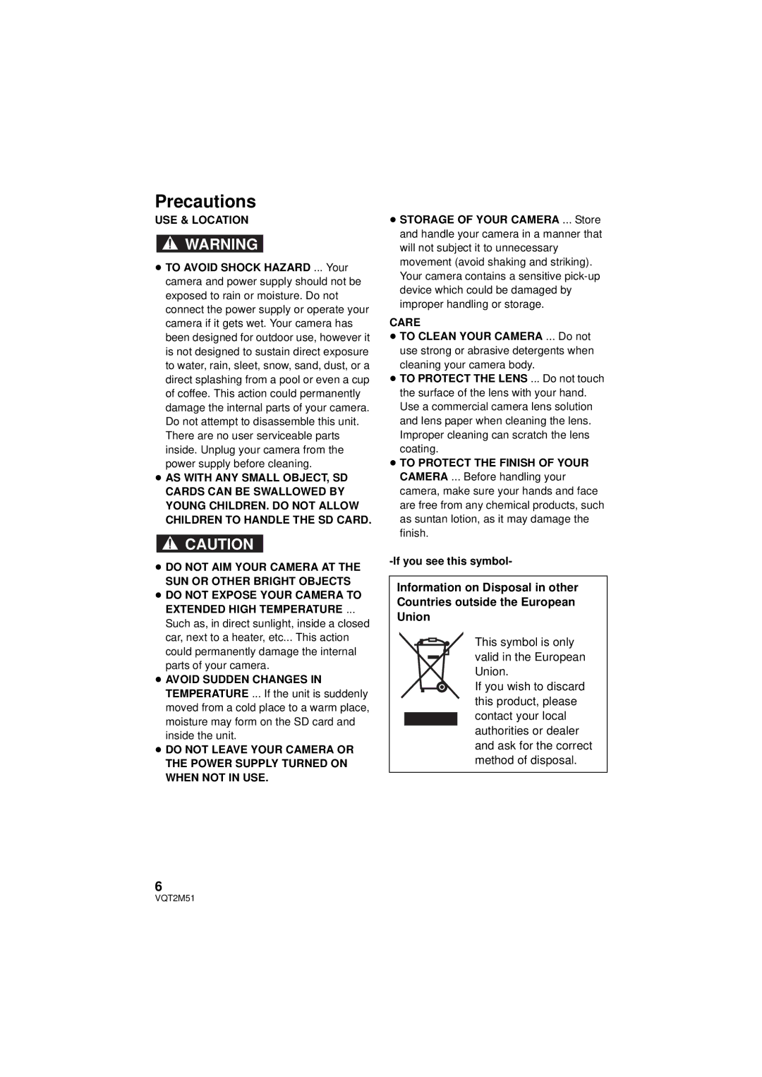 Panasonic HDC-TM55P/PC, HDC-SD60P/PC, HDC-TM60P/PC, HDC-HS60P/PC operating instructions USE & Location, Care 