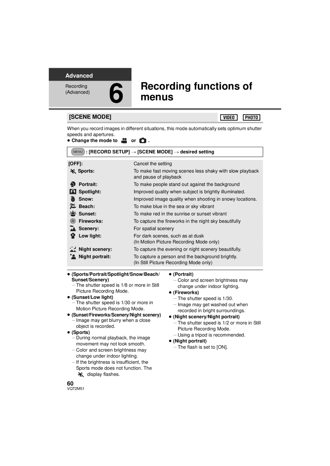 Panasonic HDC-SD60P/PC, HDC-TM60P/PC, HDC-TM55P/PC, HDC-HS60P/PC operating instructions Menus, Scene Mode 