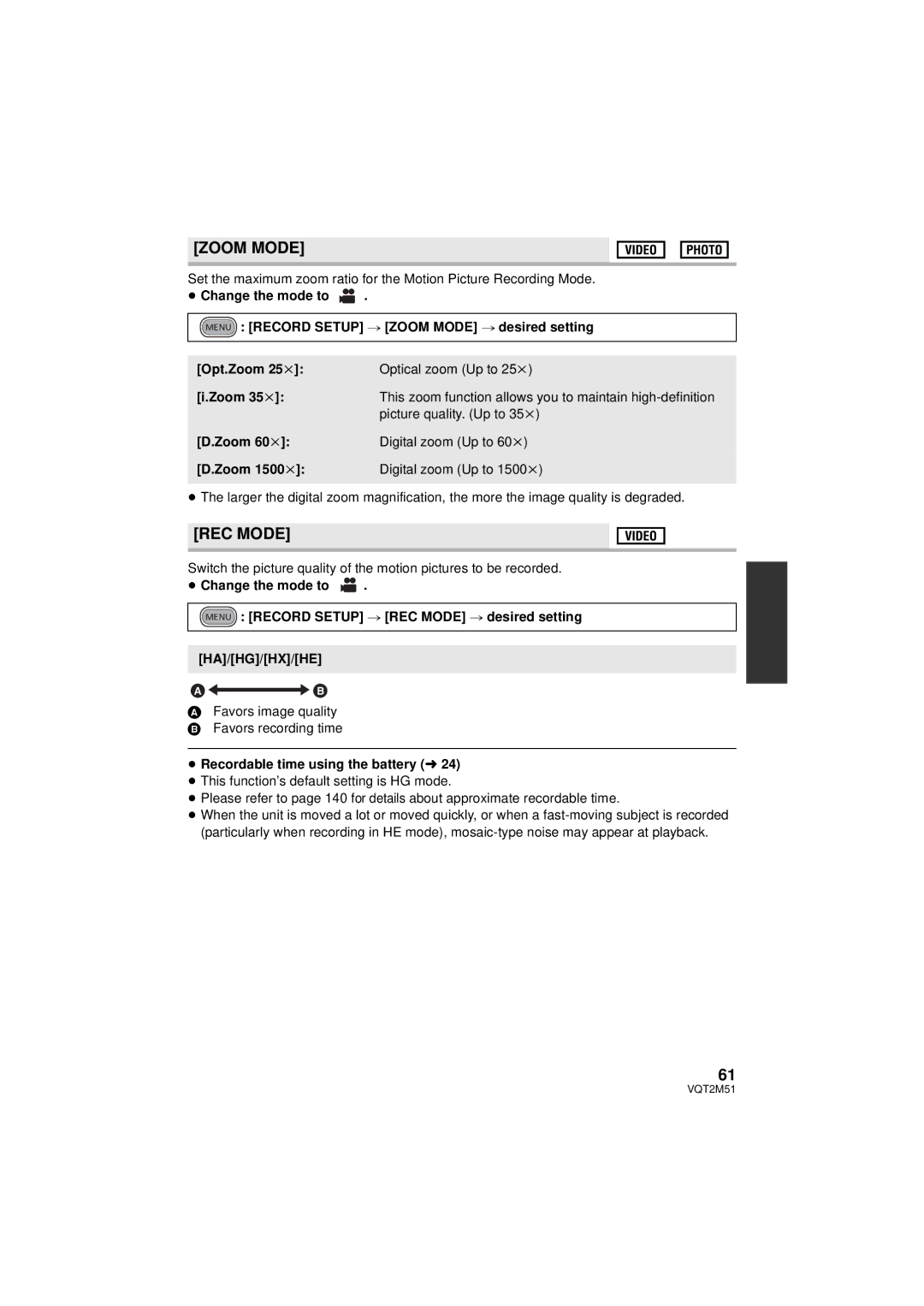 Panasonic HDC-TM60P/PC, HDC-SD60P/PC, HDC-TM55P/PC, HDC-HS60P/PC operating instructions Zoom Mode, REC Mode,   