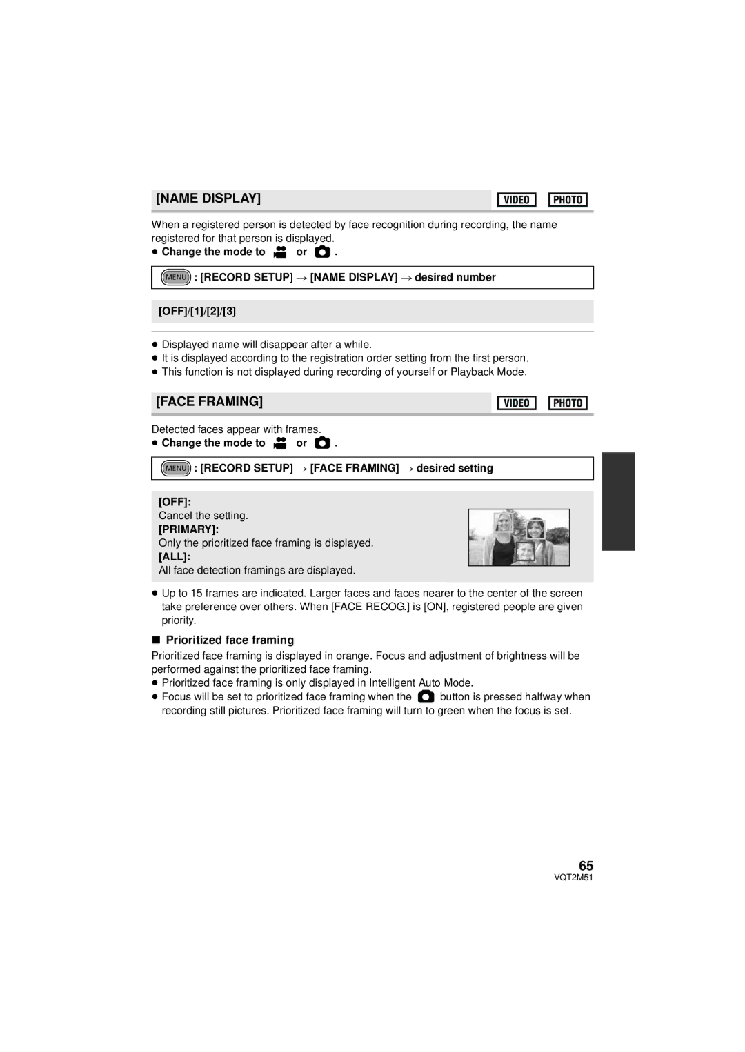 Panasonic HDC-TM60P/PC, HDC-SD60P/PC, HDC-TM55P/PC Name Display, Face Framing, Prioritized face framing, Primary, All 