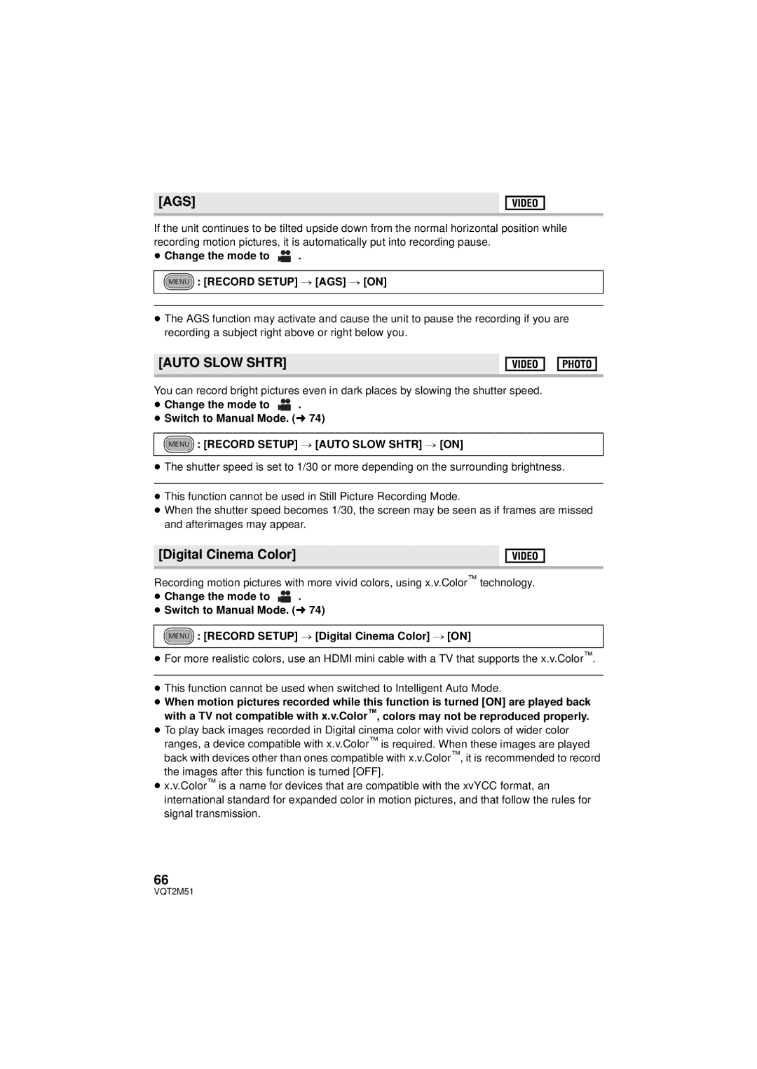 Panasonic HDC-TM55P/PC, HDC-SD60P/PC, HDC-TM60P/PC Ags, Auto Slow Shtr, Digital Cinema Color, Menu Record Setup # AGS # on 