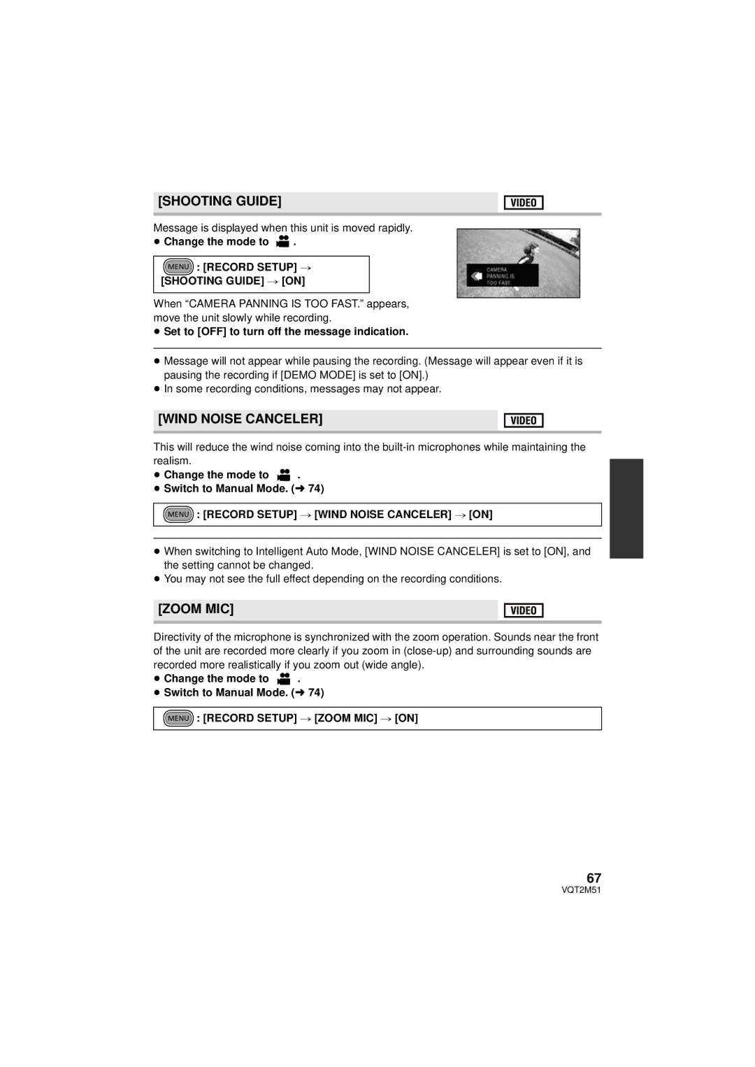 Panasonic HDC-HS60P/PC, HDC-SD60P/PC, HDC-TM60P/PC, HDC-TM55P/PC Shooting Guide, Wind Noise Canceler, Zoom MIC 