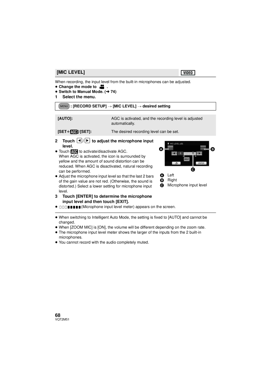 Panasonic HDC-SD60P/PC, HDC-TM60P/PC, HDC-TM55P/PC MIC Level, Touch / to adjust the microphone input level, Auto, SETr 