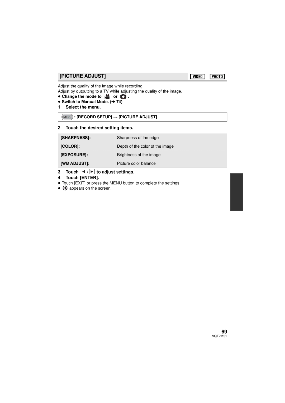 Panasonic HDC-TM60P/PC, HDC-SD60P/PC, HDC-TM55P/PC, HDC-HS60P/PC Picture Adjust, Touch the desired setting items 