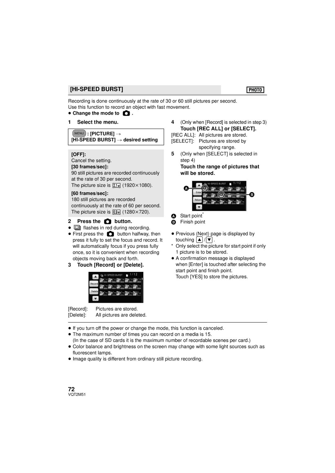 Panasonic HDC-SD60P/PC, HDC-TM60P/PC HI-SPEED Burst, Press the button, Touch Record or Delete, Touch REC ALL or Select 