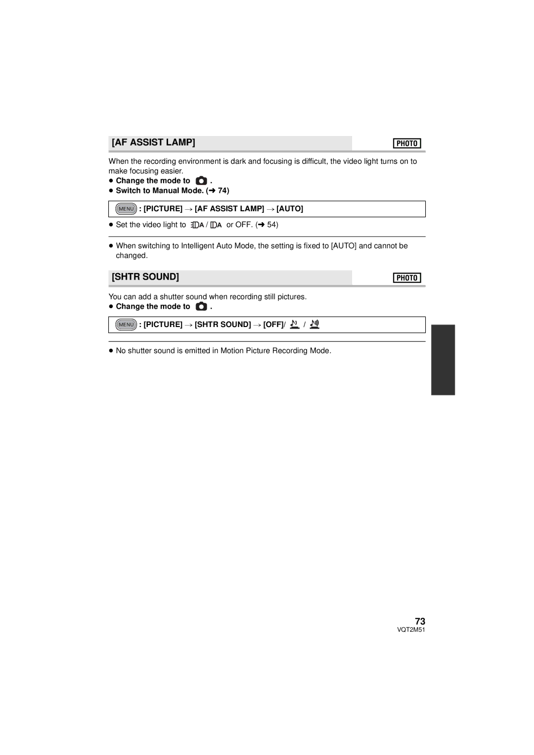 Panasonic HDC-TM60P/PC, HDC-SD60P/PC Menu Picture # AF Assist Lamp # Auto, Menu Picture # Shtr Sound # OFF 