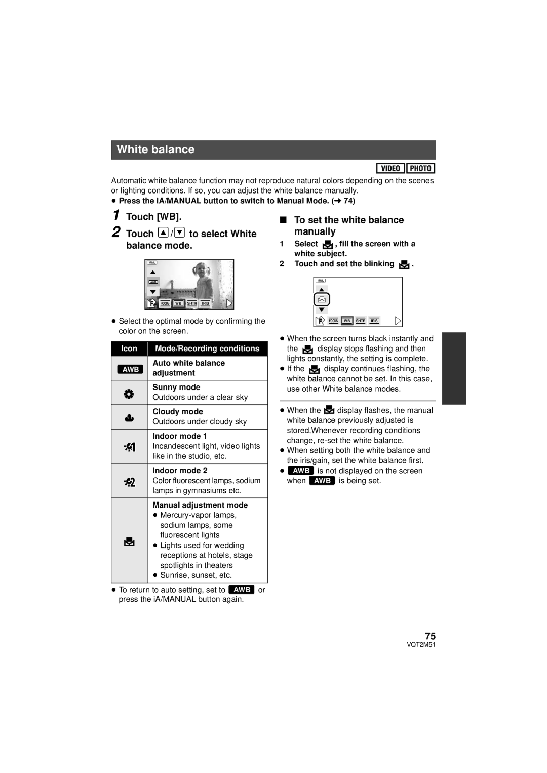 Panasonic HDC-HS60P/PC, HDC-SD60P/PC Touch WB Touch / to select White balance mode, To set the white balance manually 