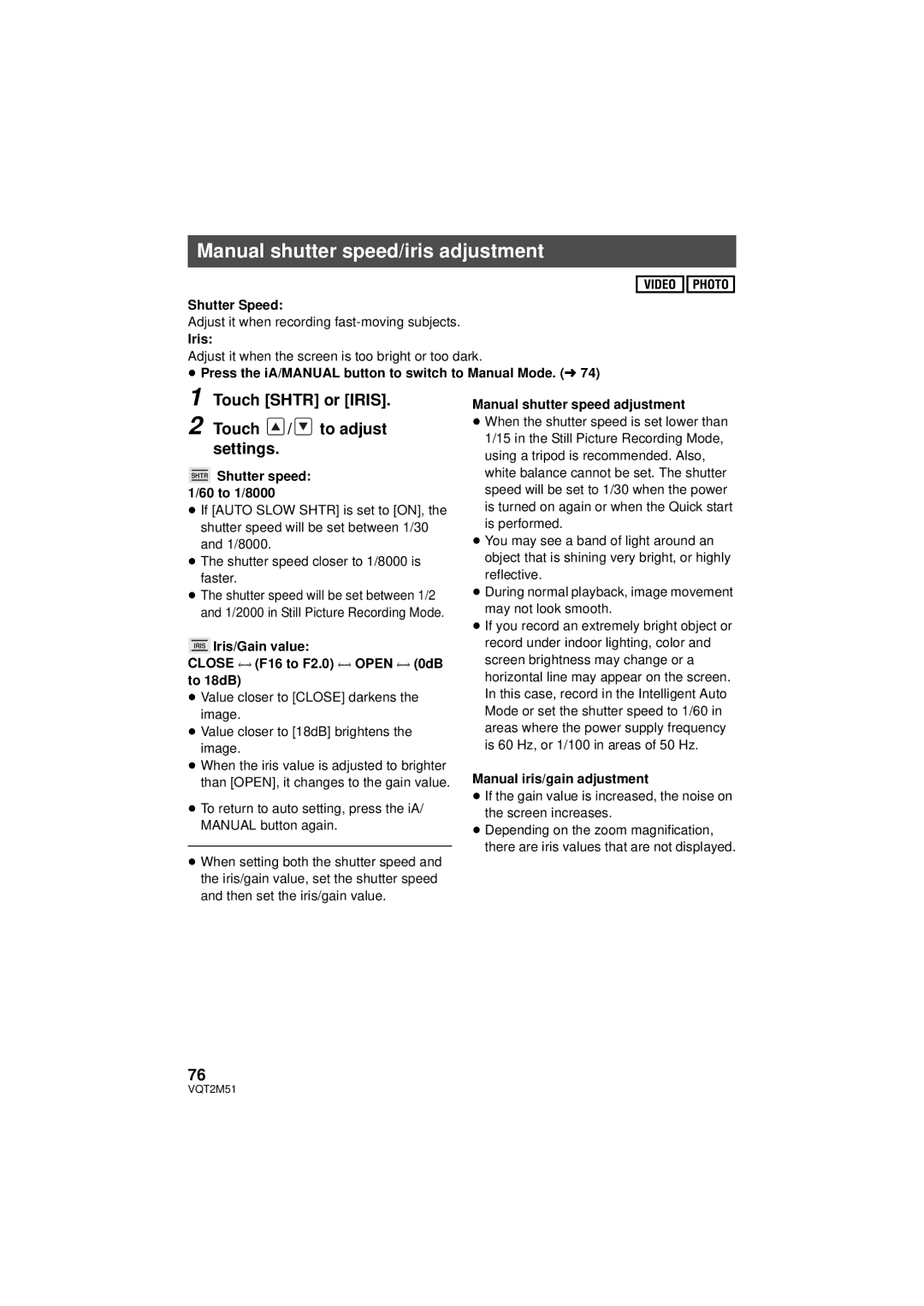 Panasonic HDC-SD60P/PC, HDC-TM60P/PC Manual shutter speed/iris adjustment, Touch Shtr or Iris Touch / to adjust settings 