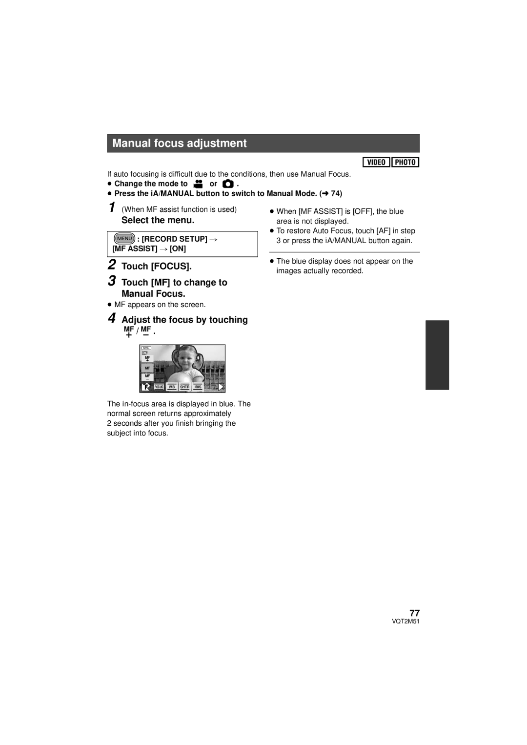 Panasonic HDC-TM60P/PC Manual focus adjustment, Touch MF to change to Manual Focus, Menu Record Setup # MF Assist # on 