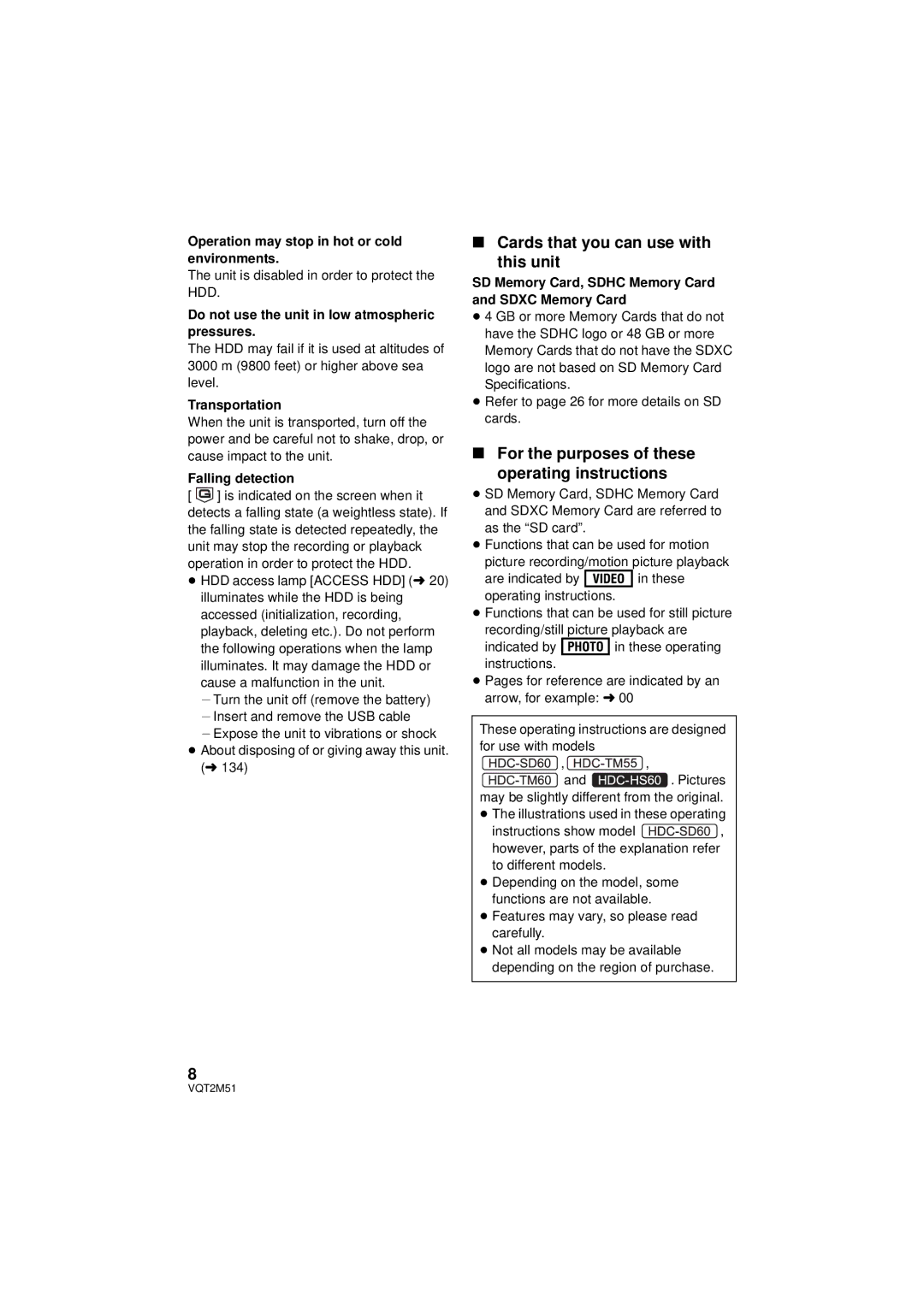 Panasonic HDC-SD60P/PC Cards that you can use with this unit, For the purposes of these Operating instructions 