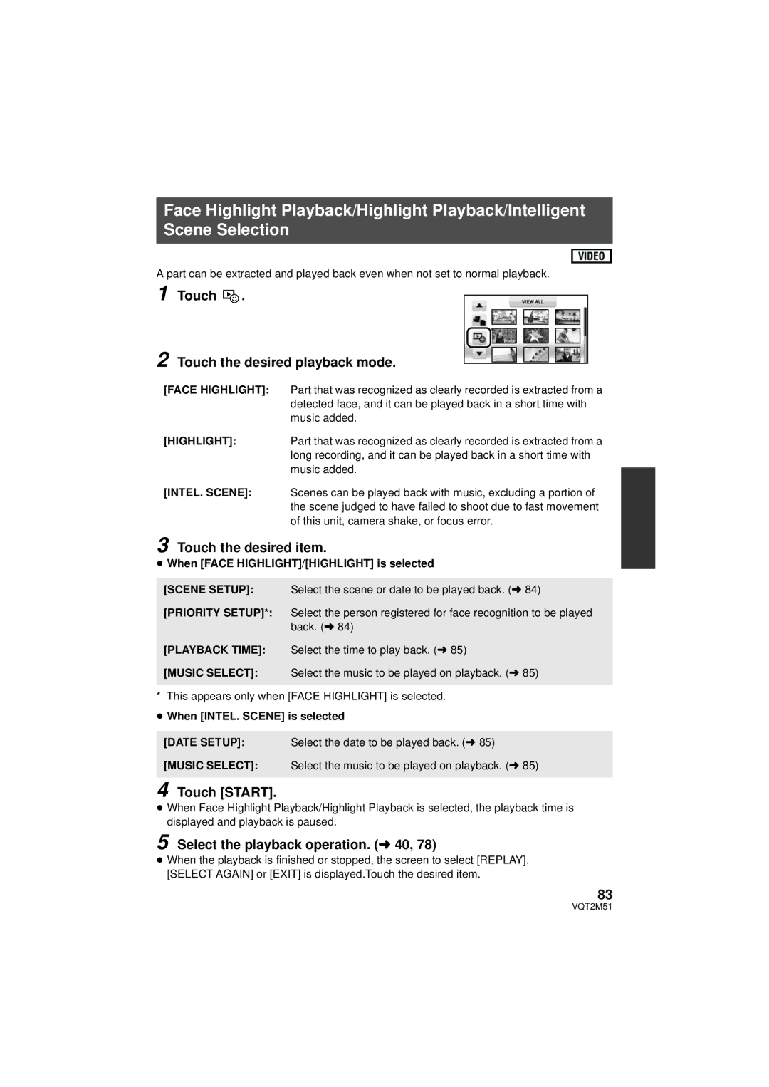 Panasonic HDC-HS60P/PC, HDC-SD60P/PC Touch Touch the desired playback mode, Touch the desired item, Touch Start 