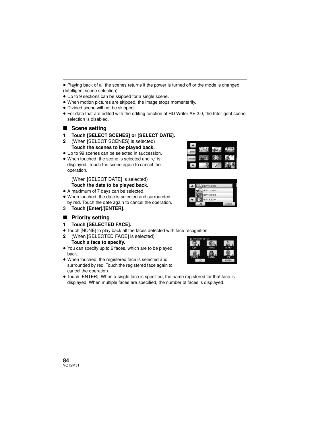 Panasonic HDC-SD60P/PC, HDC-TM60P/PC, HDC-TM55P/PC, HDC-HS60P/PC operating instructions Scene setting, Priority setting 