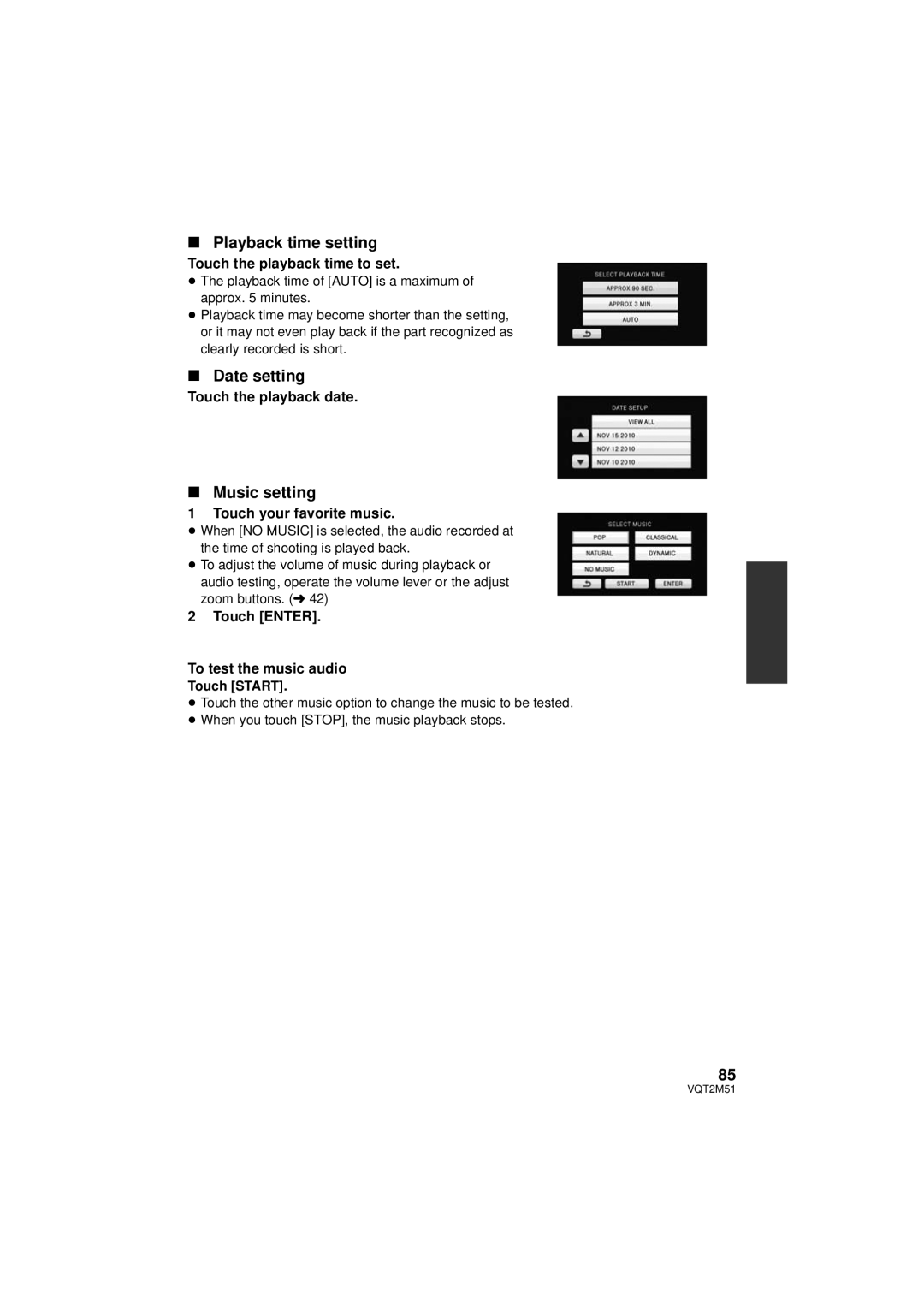 Panasonic HDC-TM60P/PC, HDC-SD60P/PC, HDC-TM55P/PC, HDC-HS60P/PC Playback time setting, Date setting, Music setting 