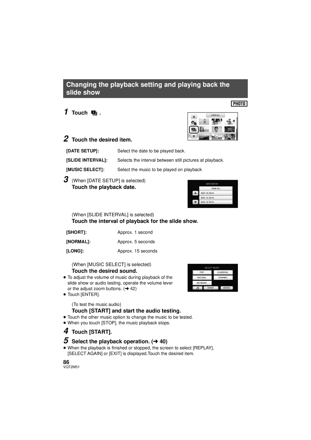 Panasonic HDC-TM55P/PC, HDC-SD60P/PC Touch Touch the desired item, Touch the interval of playback for the slide show 