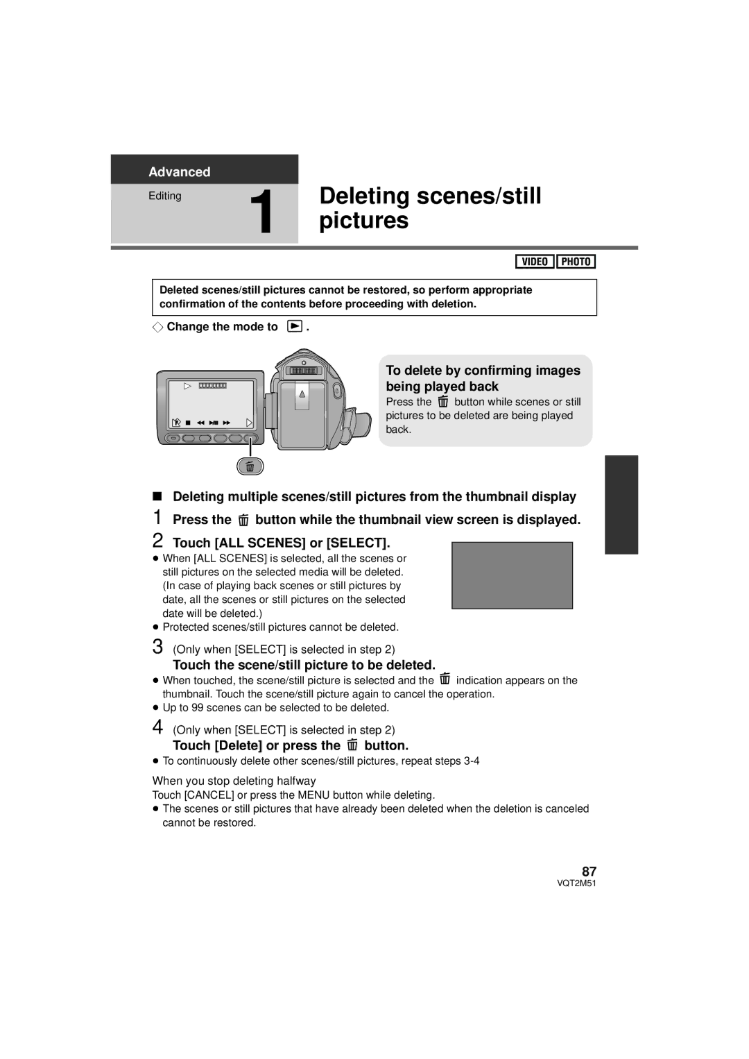 Panasonic HDC-HS60P/PC, HDC-SD60P/PC Deleting scenes/still, To delete by confirming images being played back, Editing 