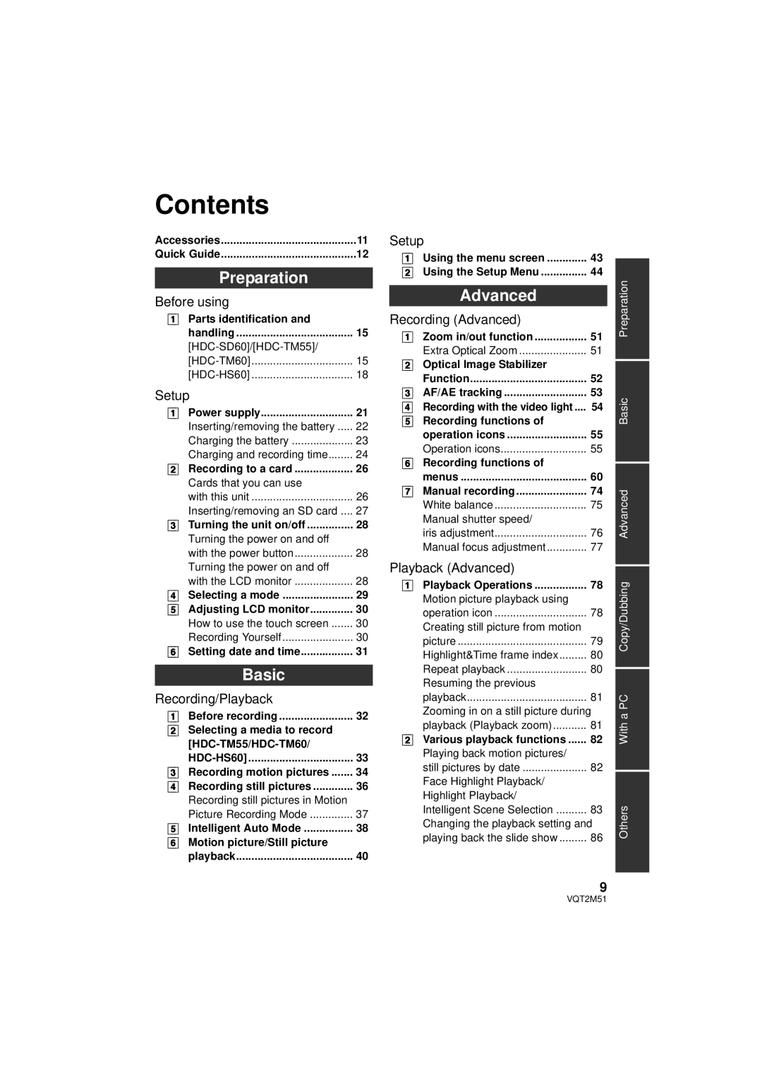 Panasonic HDC-TM60P/PC, HDC-SD60P/PC, HDC-TM55P/PC, HDC-HS60P/PC operating instructions Contents 