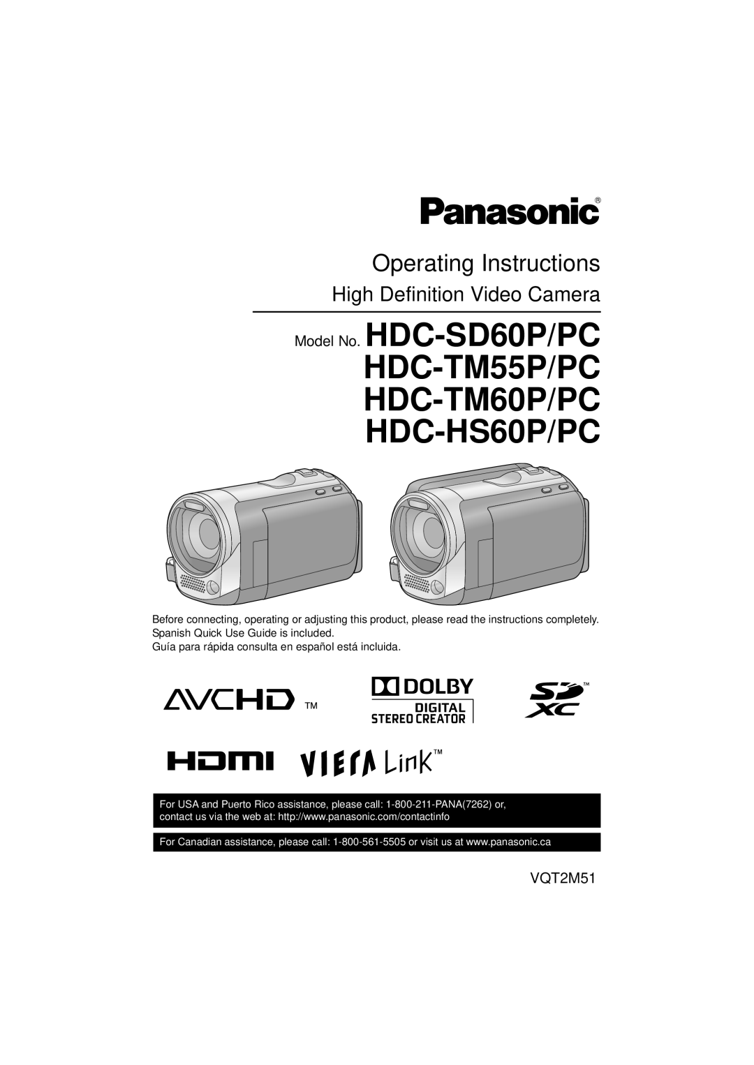 Panasonic operating instructions VQT2M51, Model No. HDC-SD60P/PC HDC-TM55P/PC HDC-TM60P/PC HDC-HS60P/PC 