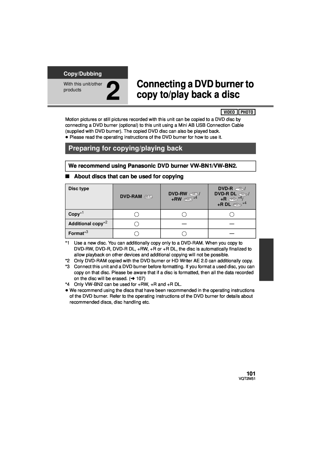 Panasonic HDC-TM60P/PC Connecting a DVD burner to, copy to/play back a disc, Preparing for copying/playing back, products 