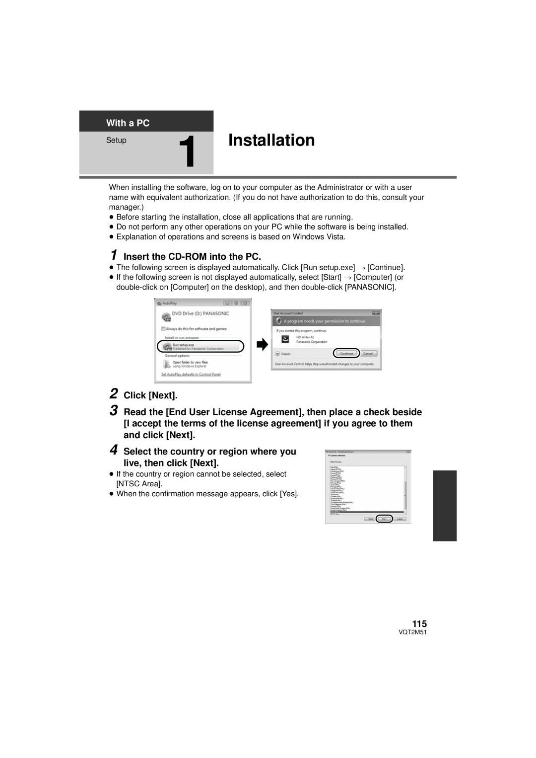 Panasonic HDC-HS60P/PC, HDC-SD60P/PC, HDC-TM60P/PC Installation, Insert the CD-ROM into the PC, Click Next, With a PC 