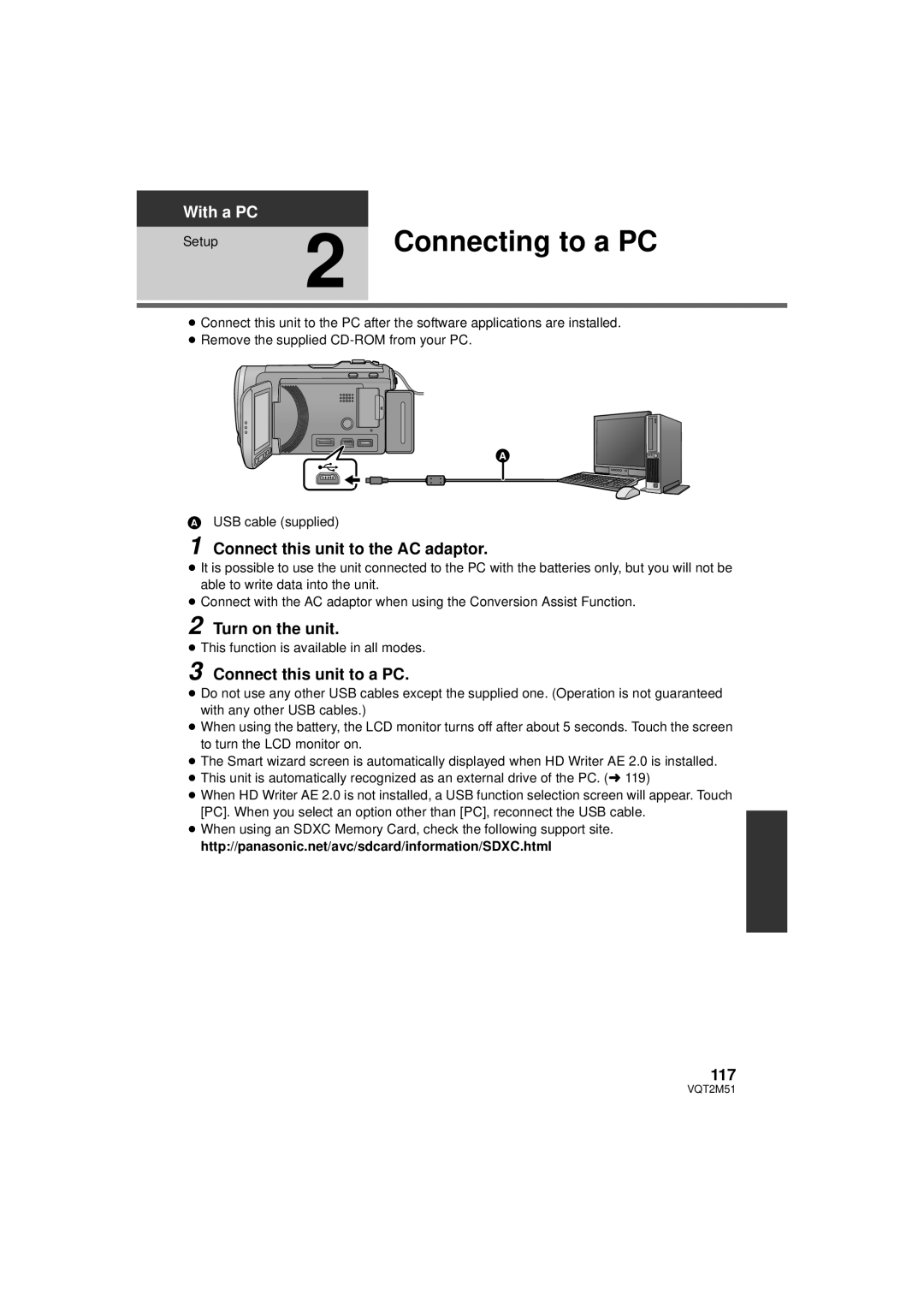 Panasonic HDC-TM60P/PC, HDC-SD60P/PC Connecting to a PC, Connect this unit to the AC adaptor, Turn on the unit, With a PC 
