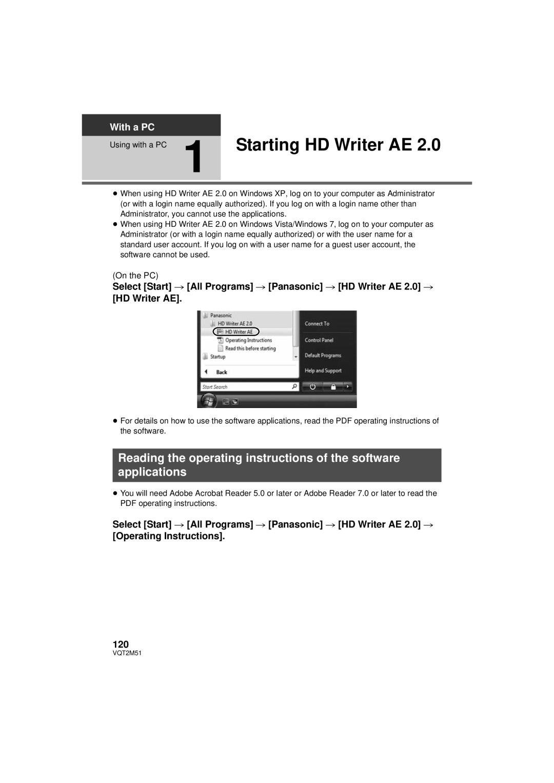 Panasonic HDC-SD60P/PC, HDC-TM60P/PC Using with a PC 1 Starting HD Writer AE, Operating Instructions 120, With a PC 