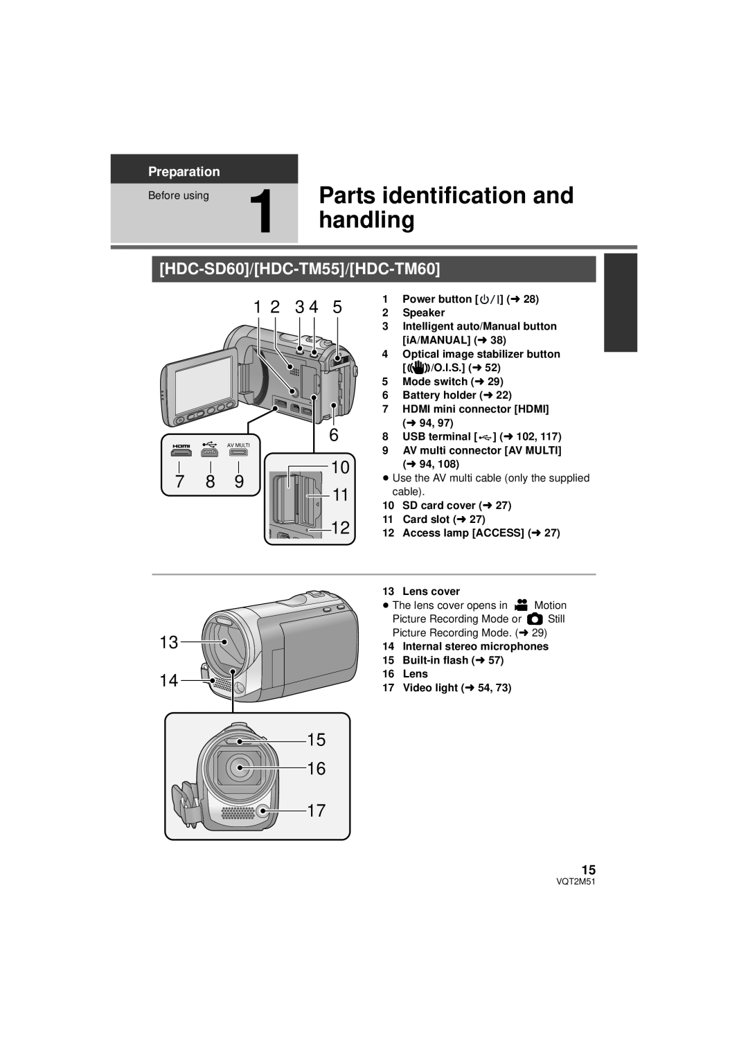 Panasonic HDC-HS60P/PC Parts identification and, handling, 1 2 3 4, HDC-SD60/HDC-TM55/HDC-TM60, Preparation, Lens cover 