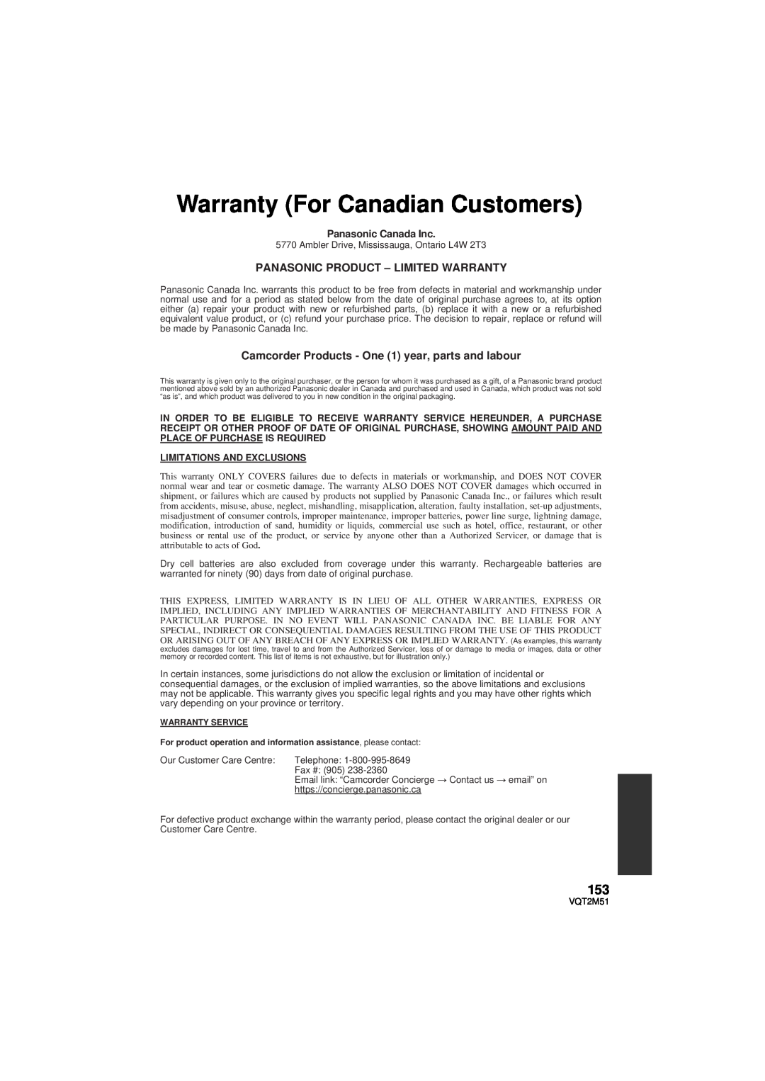 Panasonic HDC-TM60P/PC Warranty For Canadian Customers, Panasonic Product - Limited Warranty, Panasonic Canada Inc 