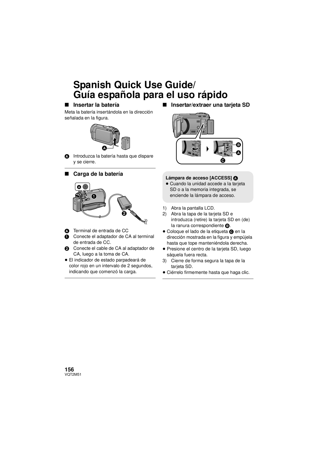 Panasonic HDC-SD60P/PC, HDC-TM60P/PC Spanish Quick Use Guide Guía española para el uso rápido, ∫ Insertar la batería 