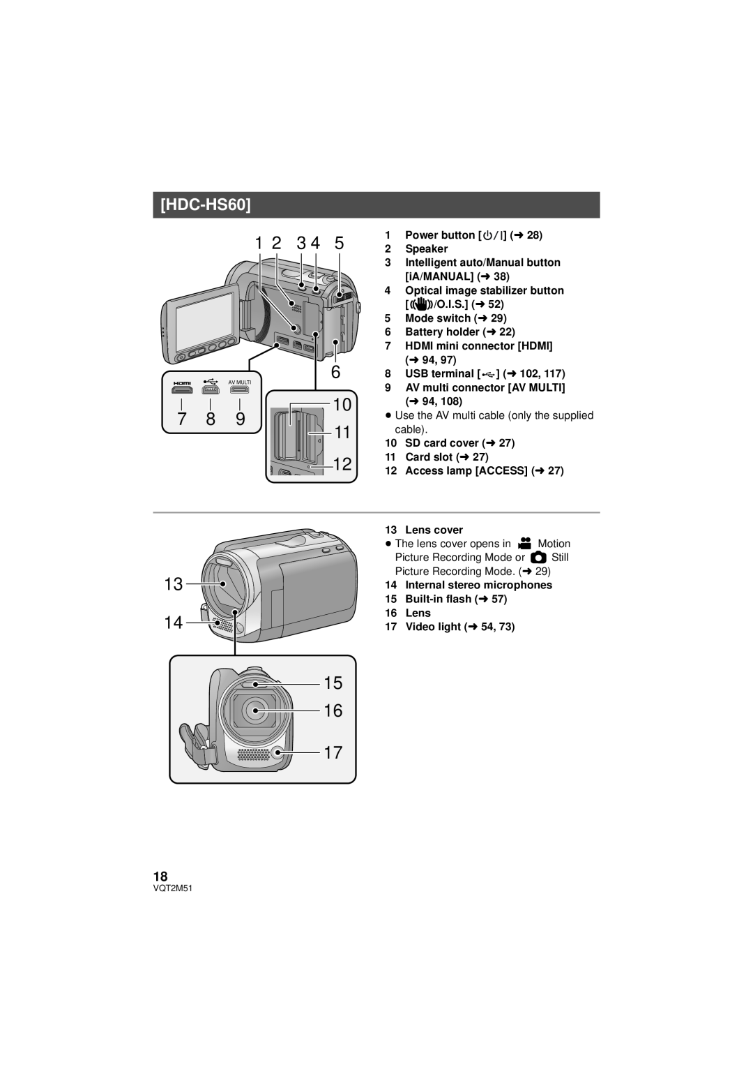 Panasonic HDC-TM55P/PC HDC-HS60, 1 2 3 4, Power button l 2 Speaker, Intelligent auto/Manual button iA/MANUAL l, Lens cover 