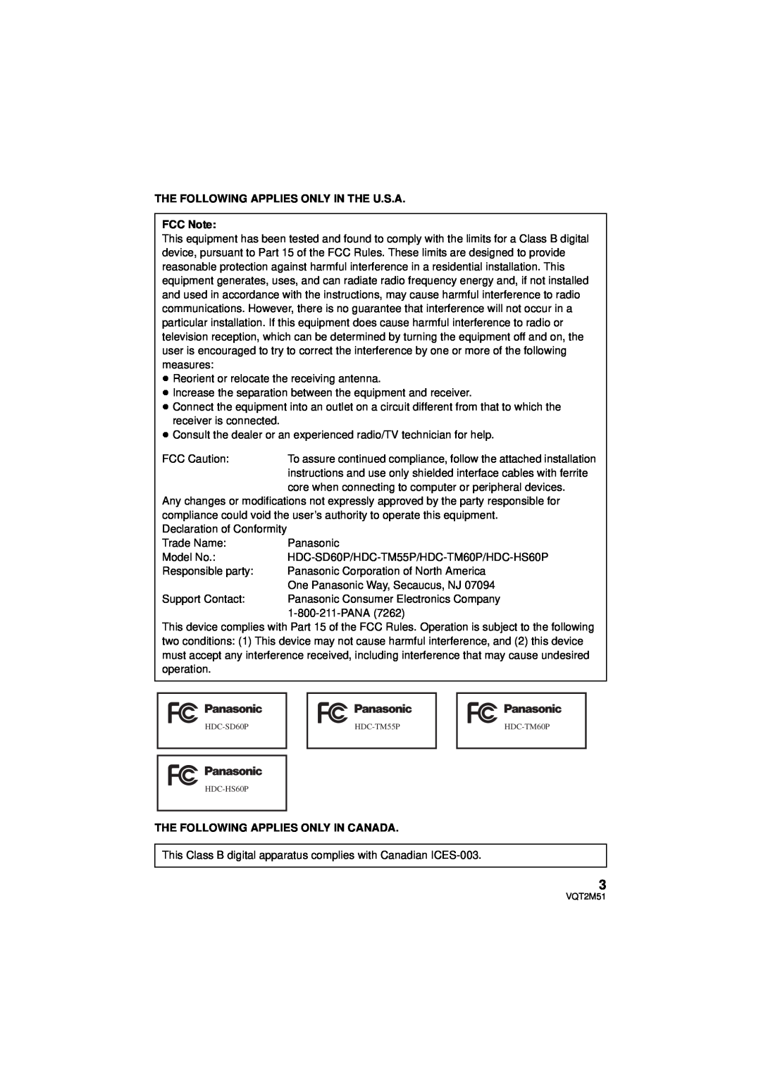 Panasonic HDC-HS60P/PC THE FOLLOWING APPLIES ONLY IN THE U.S.A FCC Note, The Following Applies Only In Canada 
