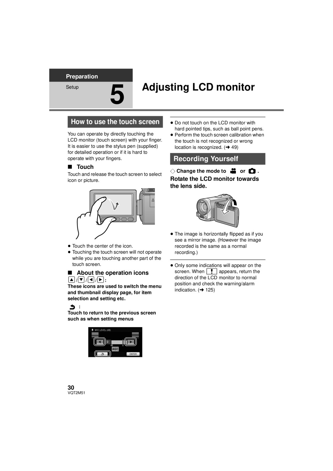 Panasonic HDC-TM55P/PC Adjusting LCD monitor, How to use the touch screen, Recording Yourself, ∫ Touch, Preparation 