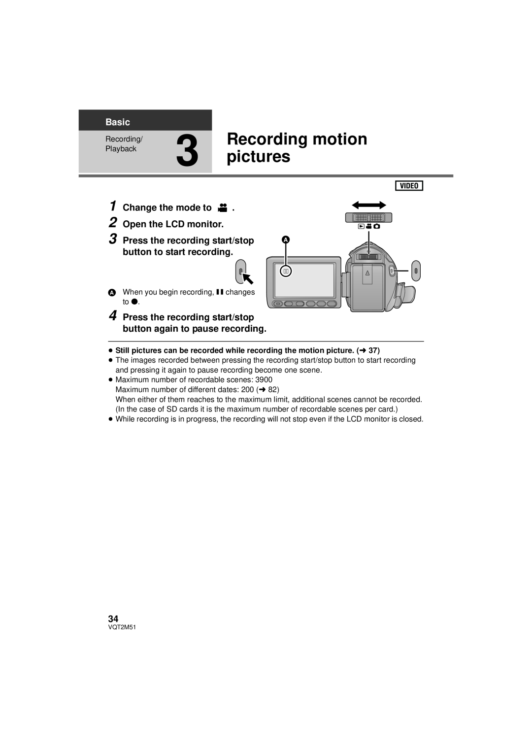 Panasonic HDC-TM55P/PC, HDC-SD60P/PC Recording motion, pictures, Change the mode to 2 Open the LCD monitor, Basic 