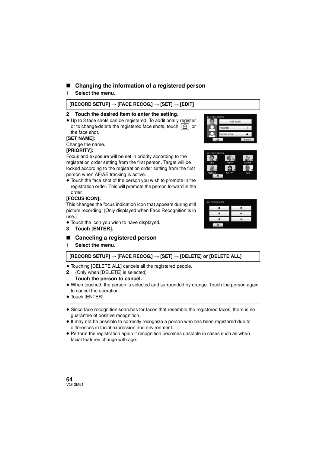 Panasonic HDC-SD60P/PC ∫ Changing the information of a registered person, ∫ Canceling a registered person, Select the menu 