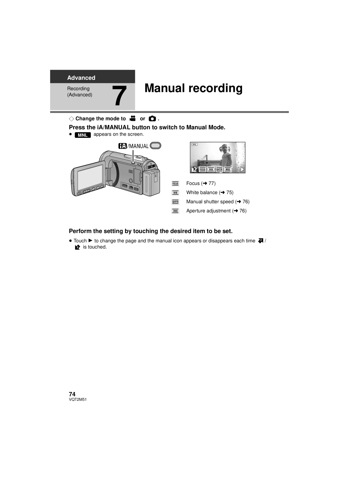 Panasonic HDC-TM55P/PC, HDC-SD60P/PC Manual recording, Press the iA/MANUAL button to switch to Manual Mode, Advanced 