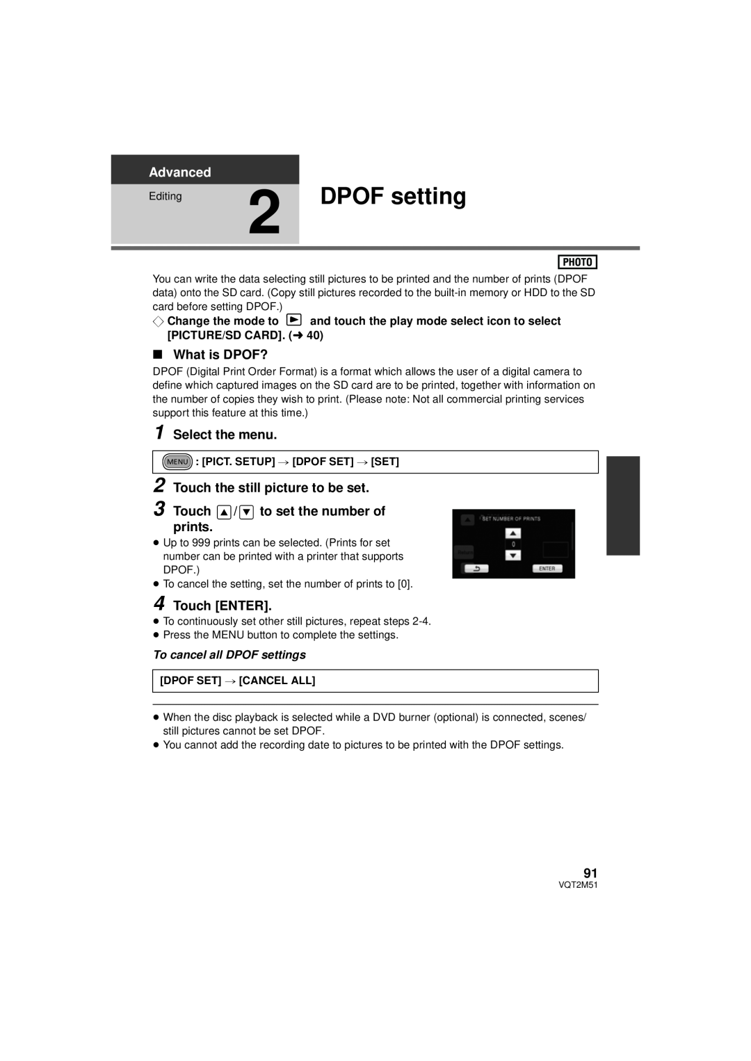 Panasonic HDC-HS60P/PC ∫ What is DPOF?, Touch the still picture to be set, To cancel all DPOF settings, Advanced 