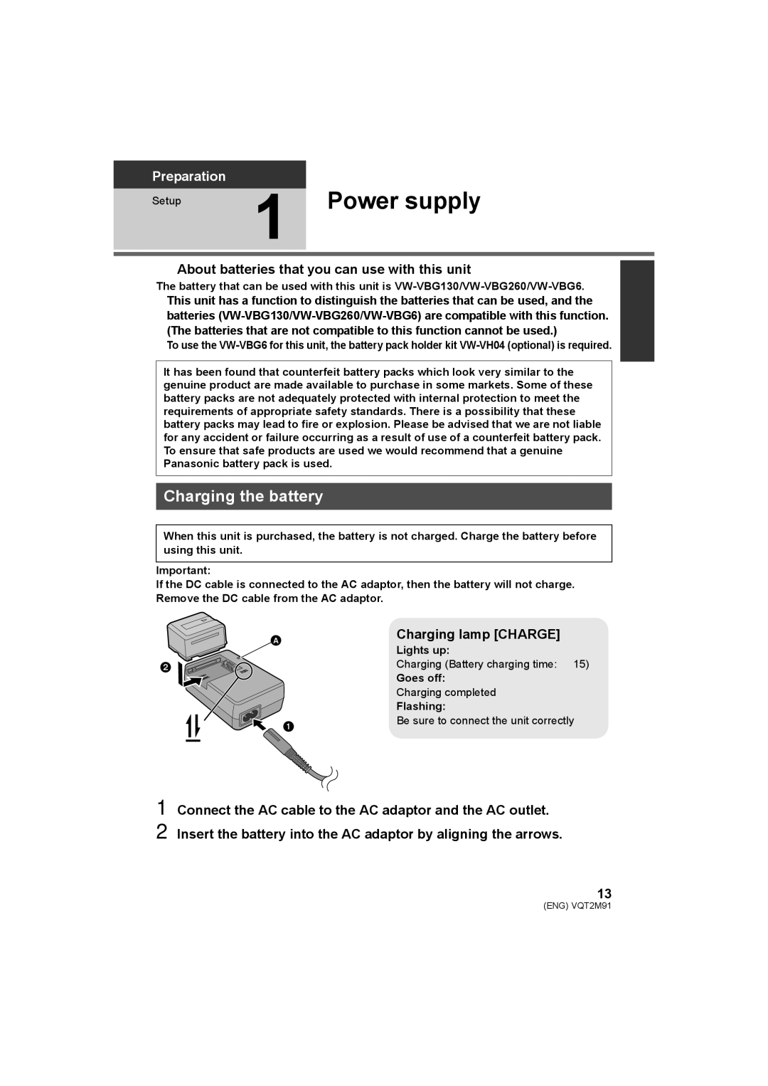 Panasonic HDC-SD700 HDC-TM700 HDC-HS700 operating instructions Power supply, Charging the battery, Charging lamp Charge a 