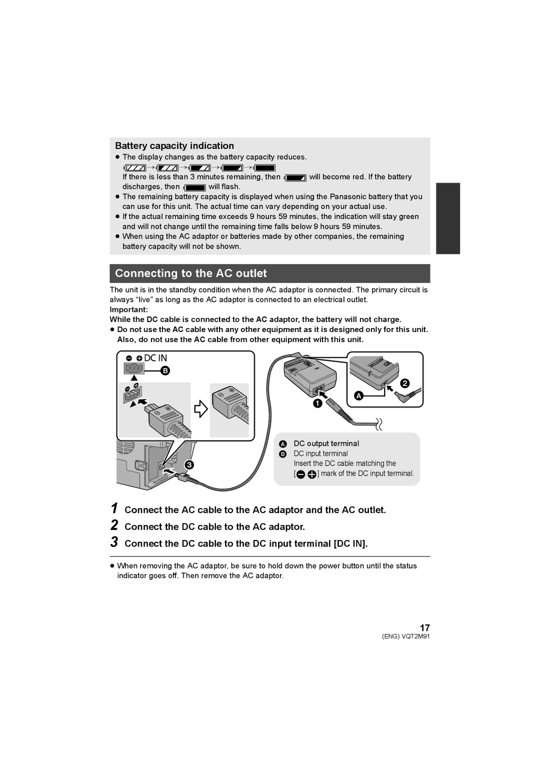 Panasonic HDC-SD700 HDC-TM700 HDC-HS700 operating instructions Connecting to the AC outlet, Battery capacity indication 