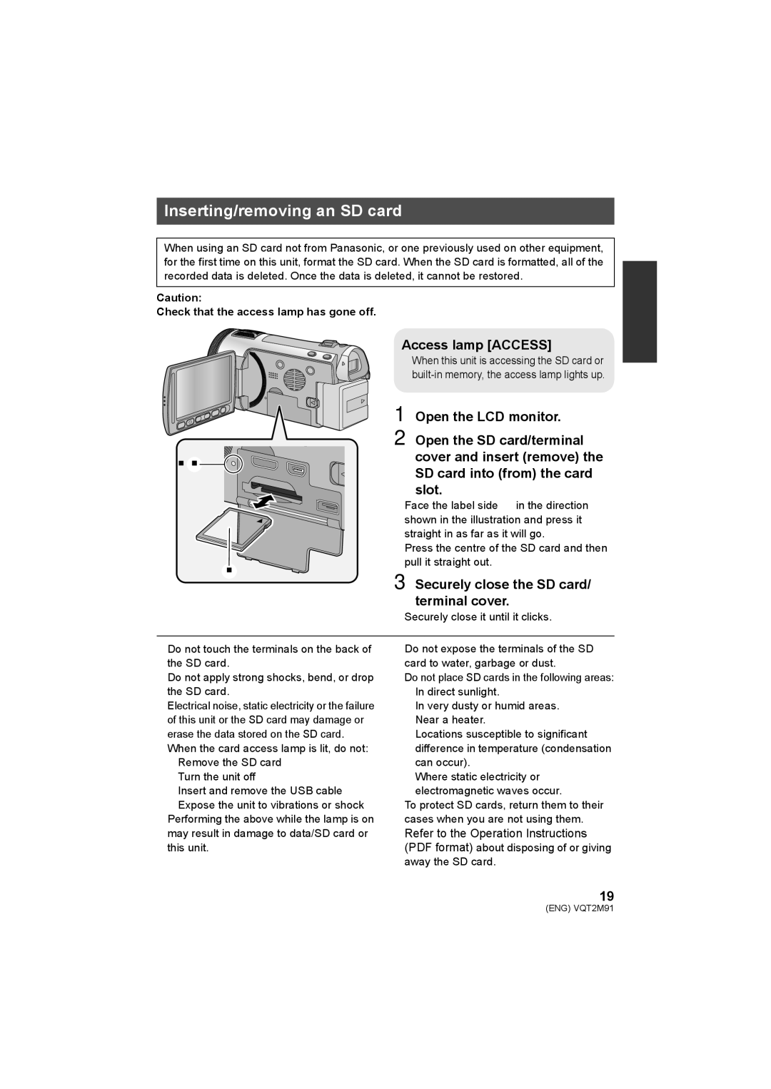 Panasonic HDC-SD700 HDC-TM700 HDC-HS700 operating instructions Inserting/removing an SD card, Access lamp Access a 