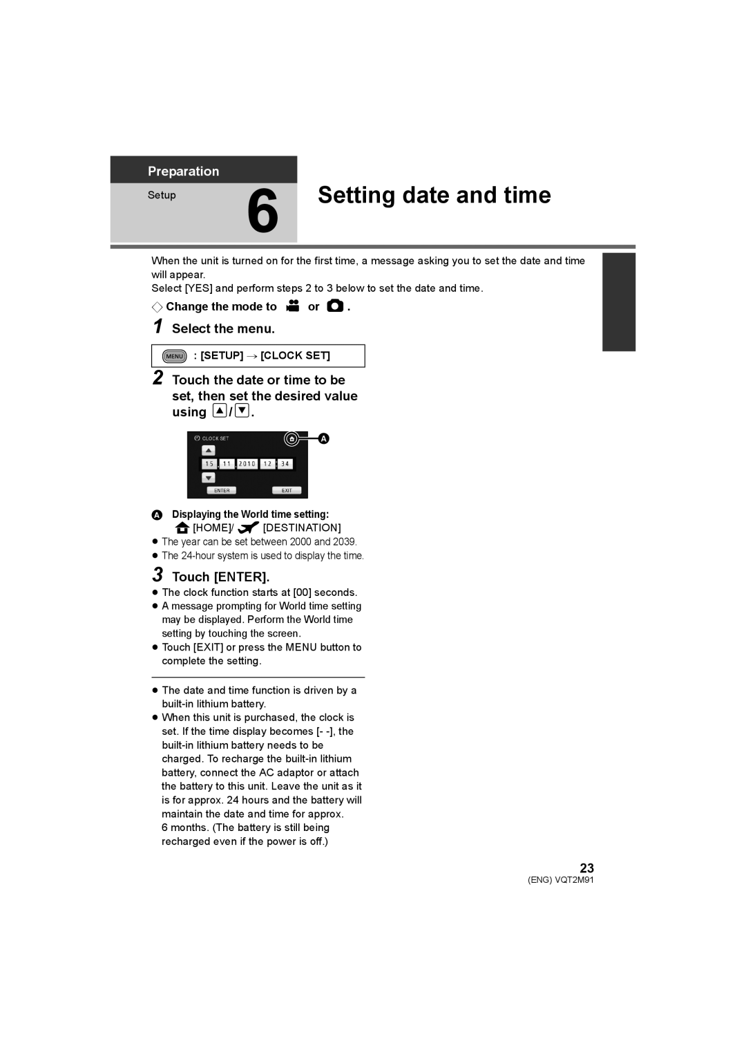 Panasonic HDC-SD700 HDC-TM700 HDC-HS700 operating instructions Setting date and time, Select the menu, Touch Enter 