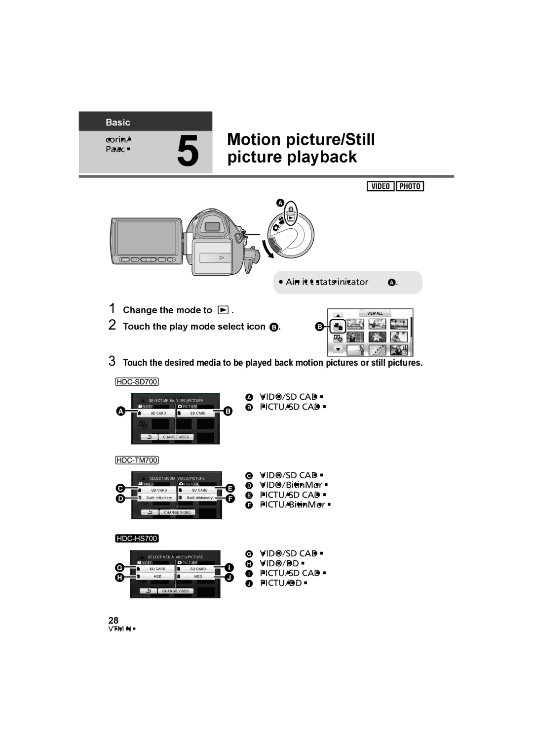 Panasonic HDC-SD700 HDC-TM700 HDC-HS700 Motion picture/Still, Picture playback, ≥ Align with the status indicator a 